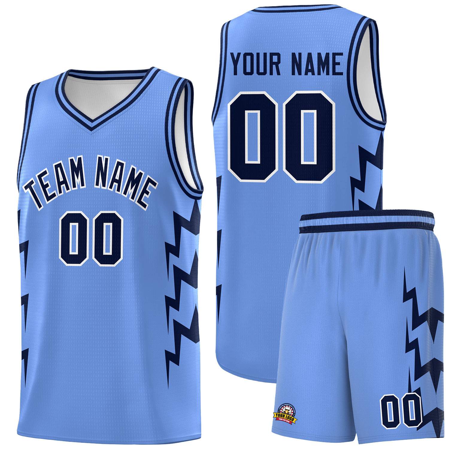 Custom Light Blue Side Lightning Pattern Sports Uniform Basketball Jersey
