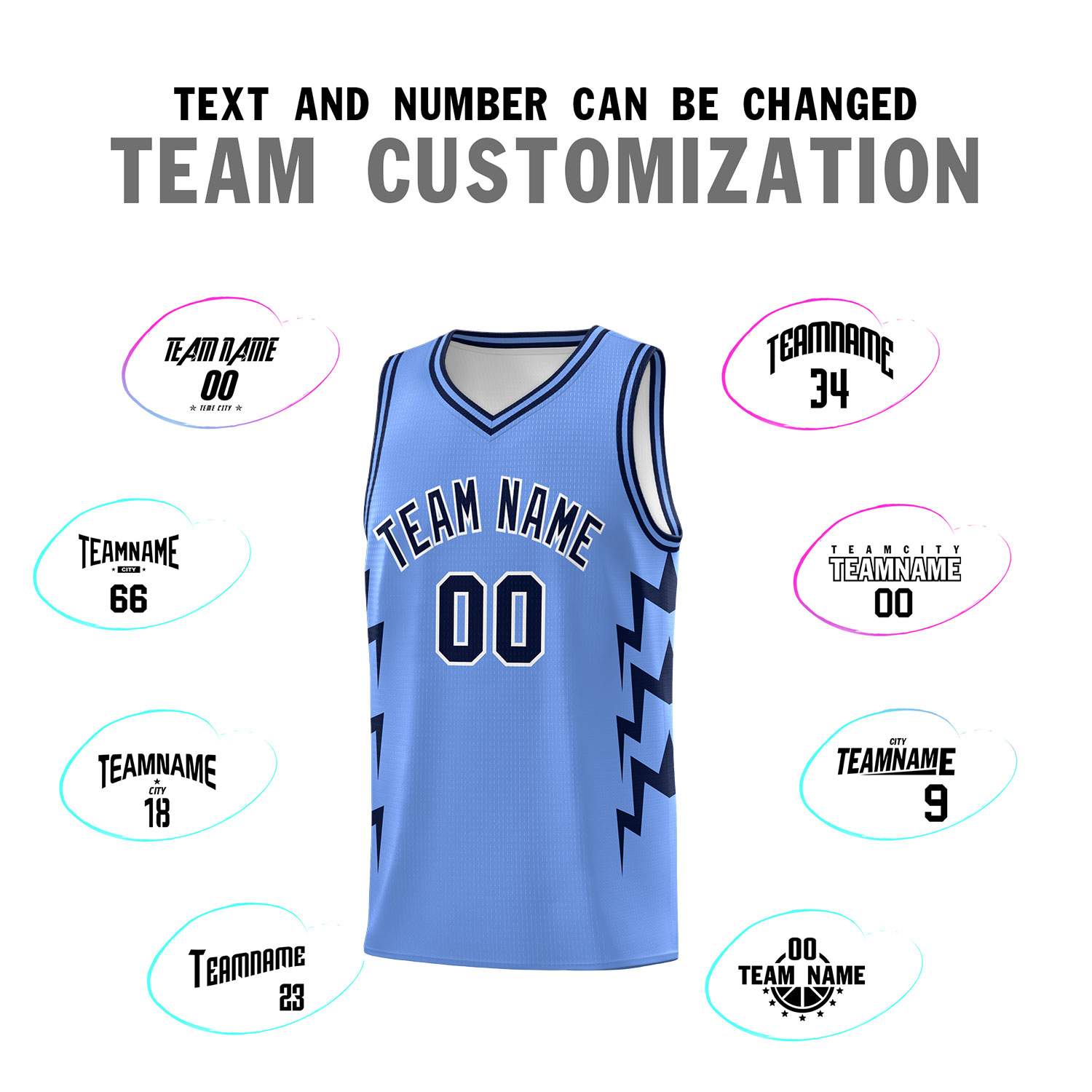 Custom Light Blue Side Lightning Pattern Sports Uniform Basketball Jersey