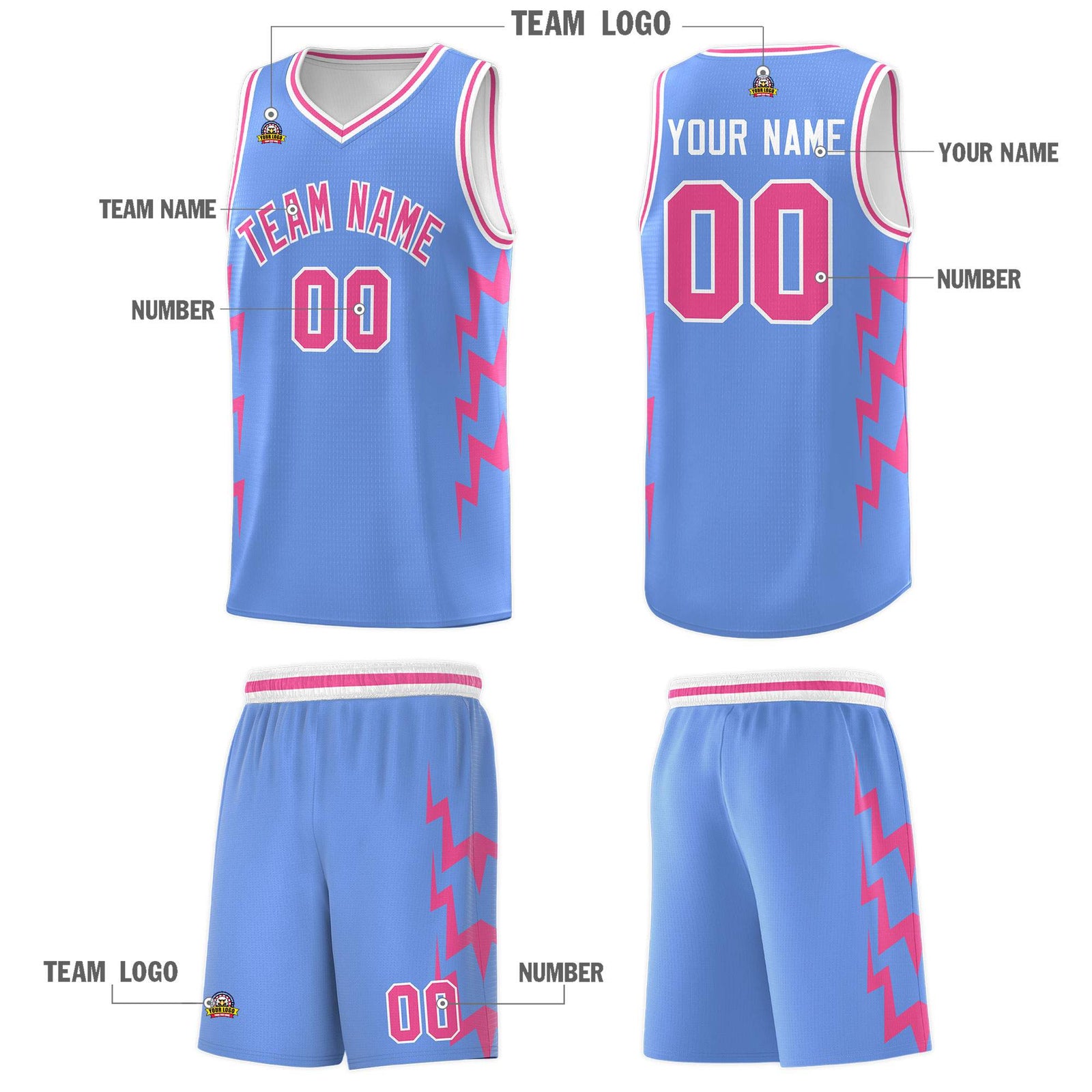 Custom Light Blue Side Lightning Pattern Sports Uniform Basketball Jersey