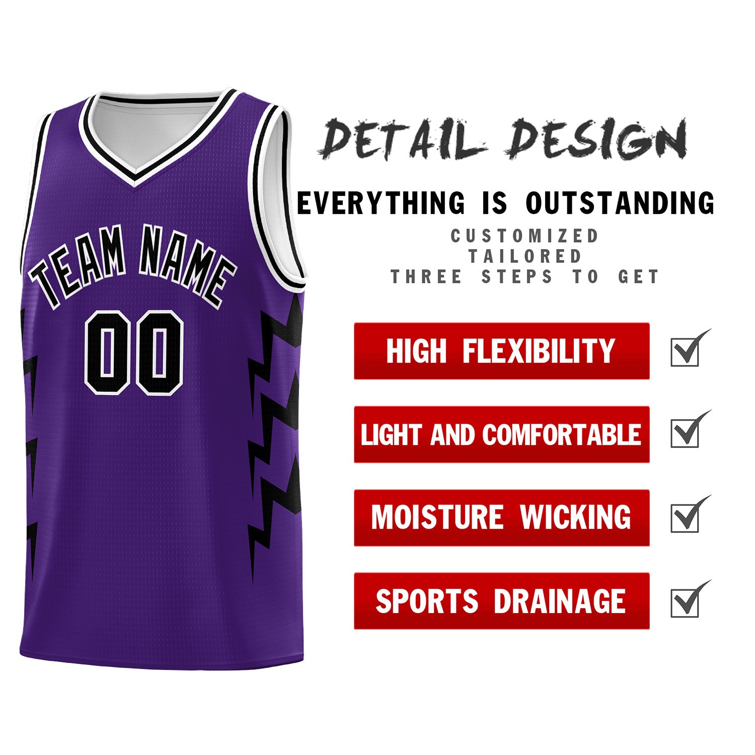 Custom Purple Side Lightning Pattern Sports Uniform Basketball Jersey