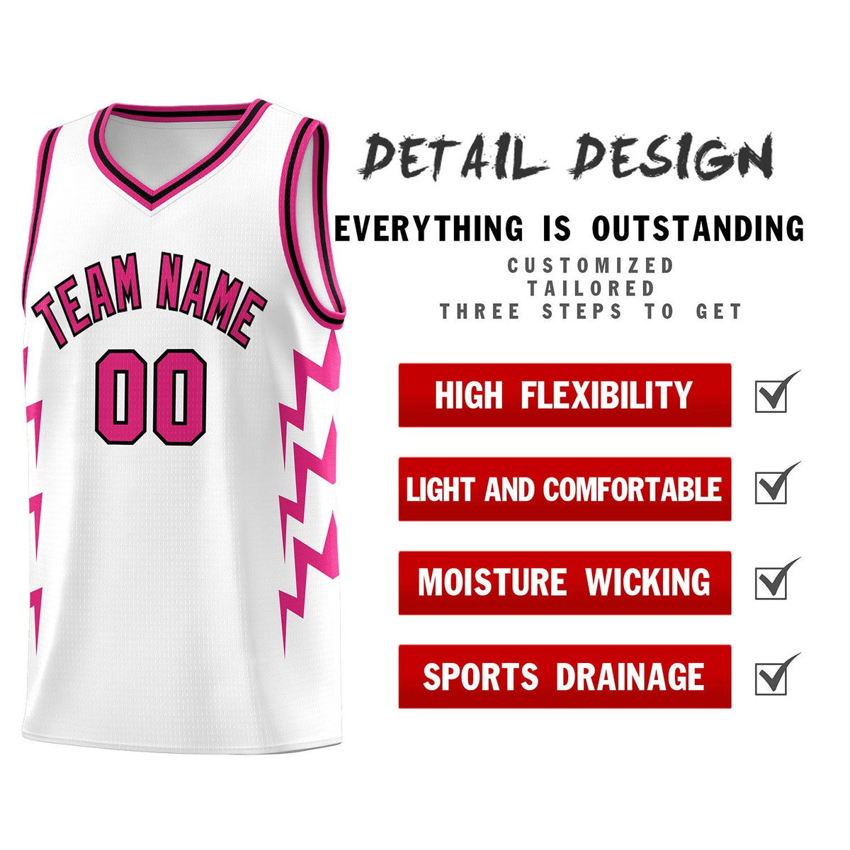 Custom White Side Lightning Pattern Sports Uniform Basketball Jersey