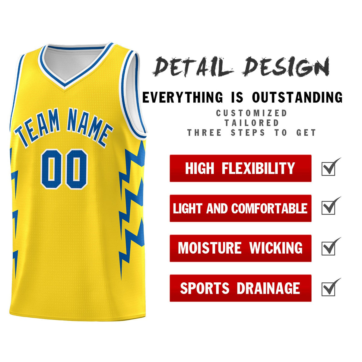 Custom Gold Side Lightning Pattern Sports Uniform Basketball Jersey