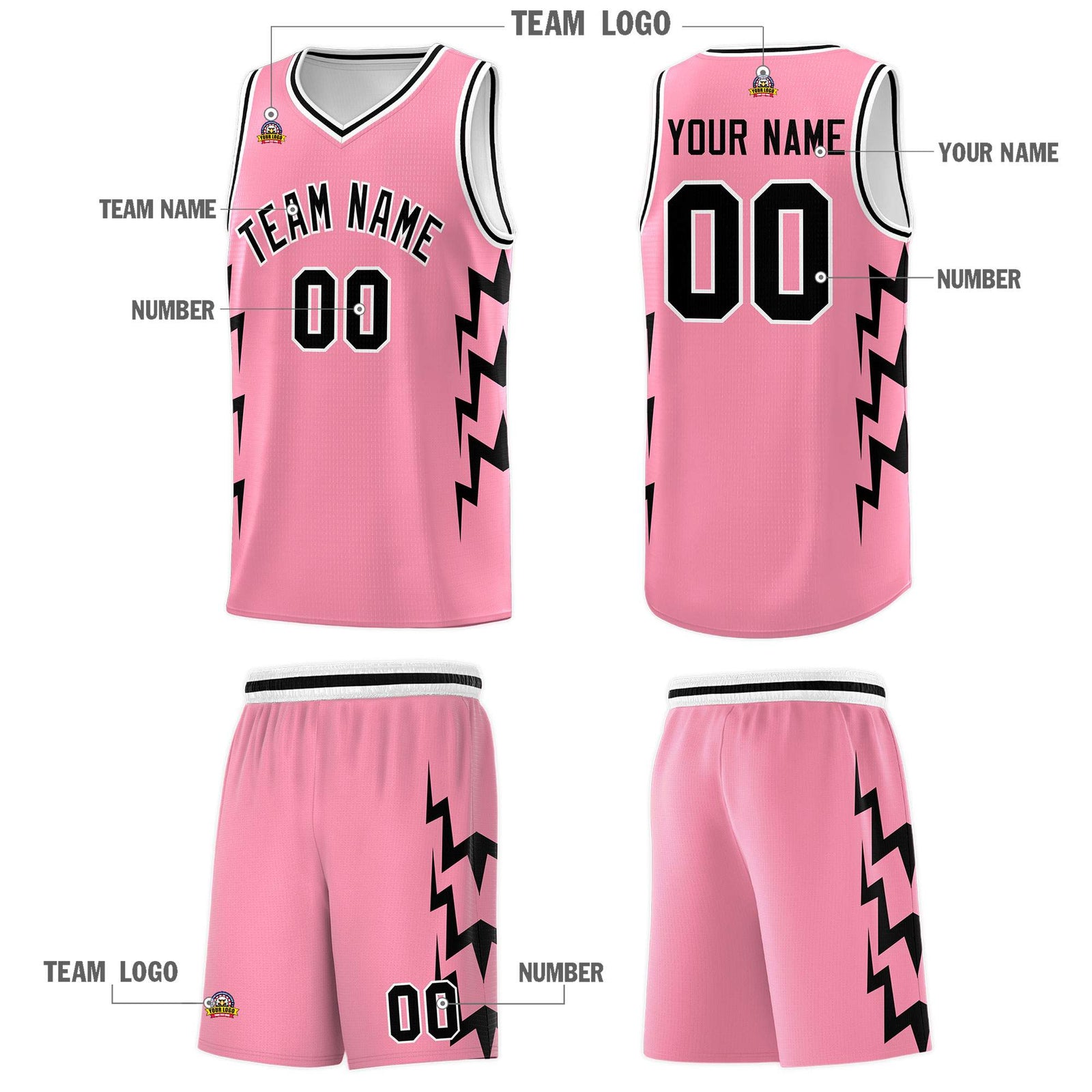 Custom Light Pink Side Lightning Pattern Sports Uniform Basketball Jersey