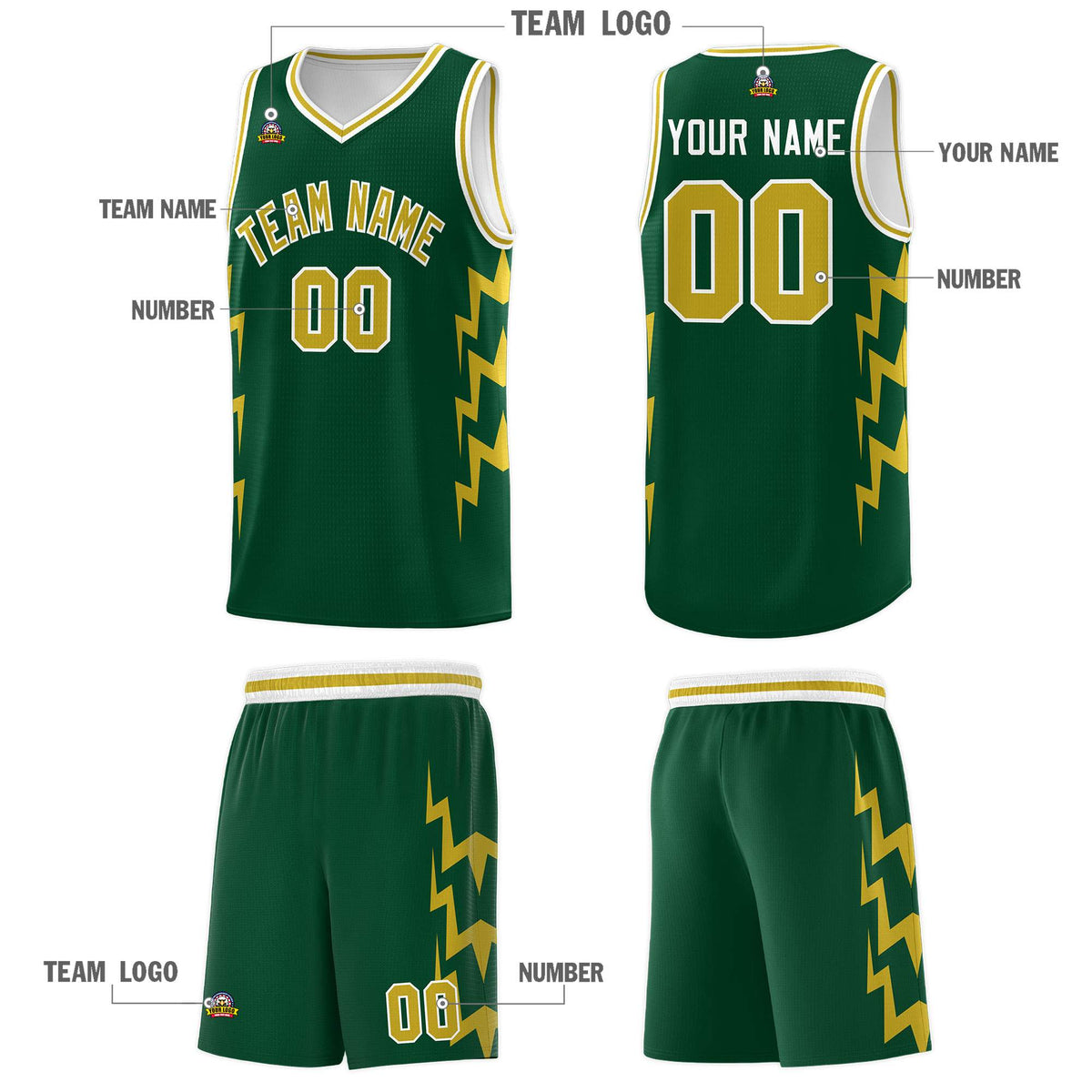 Custom Hunter Green Side Lightning Pattern Sports Uniform Basketball Jersey