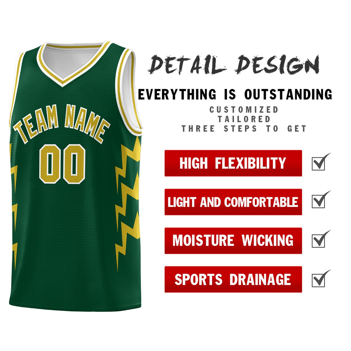 Custom Hunter Green Side Lightning Pattern Sports Uniform Basketball Jersey