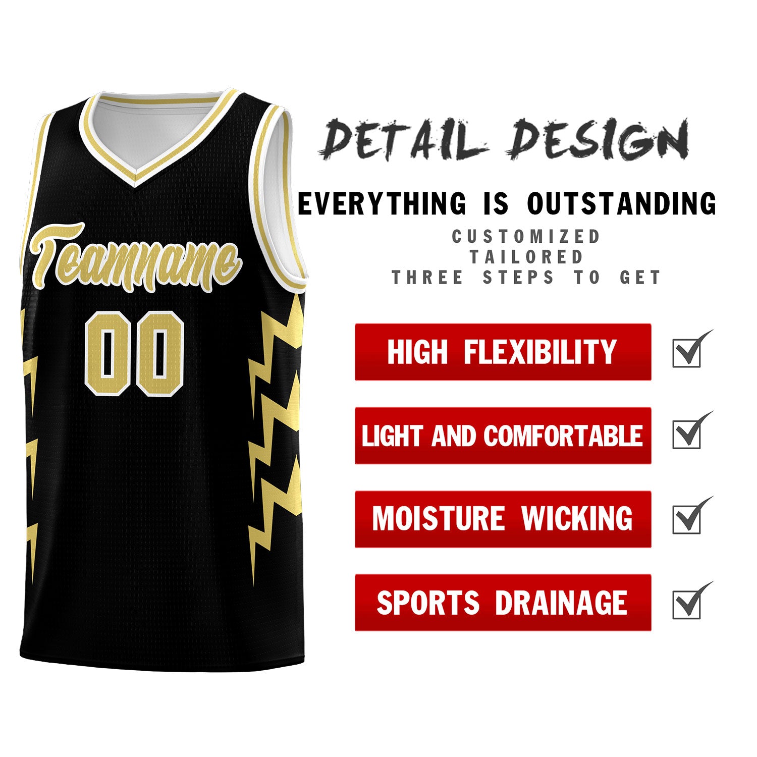 Custom Black Side Lightning Pattern Sports Uniform Basketball Jersey