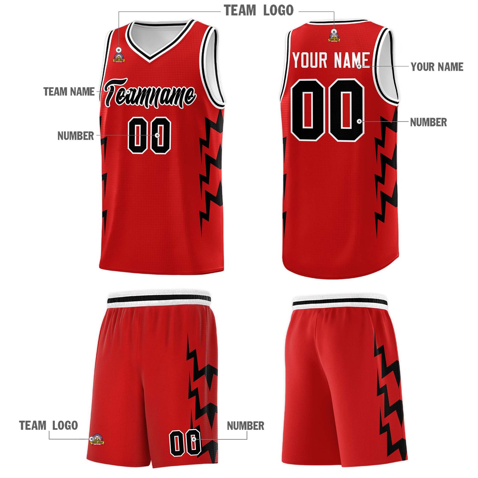 Custom Red Side Lightning Pattern Sports Uniform Basketball Jersey