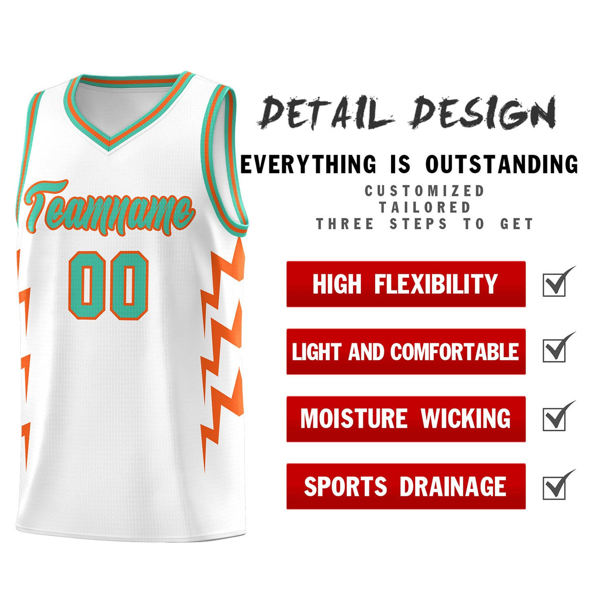 Custom White Side Lightning Pattern Sports Uniform Basketball Jersey