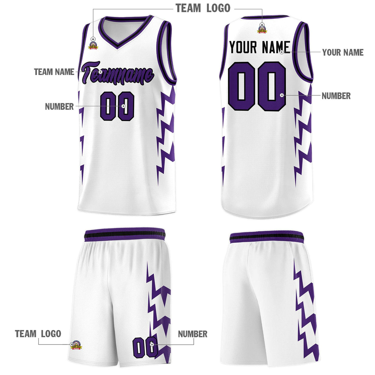 Custom White Side Lightning Pattern Sports Uniform Basketball Jersey