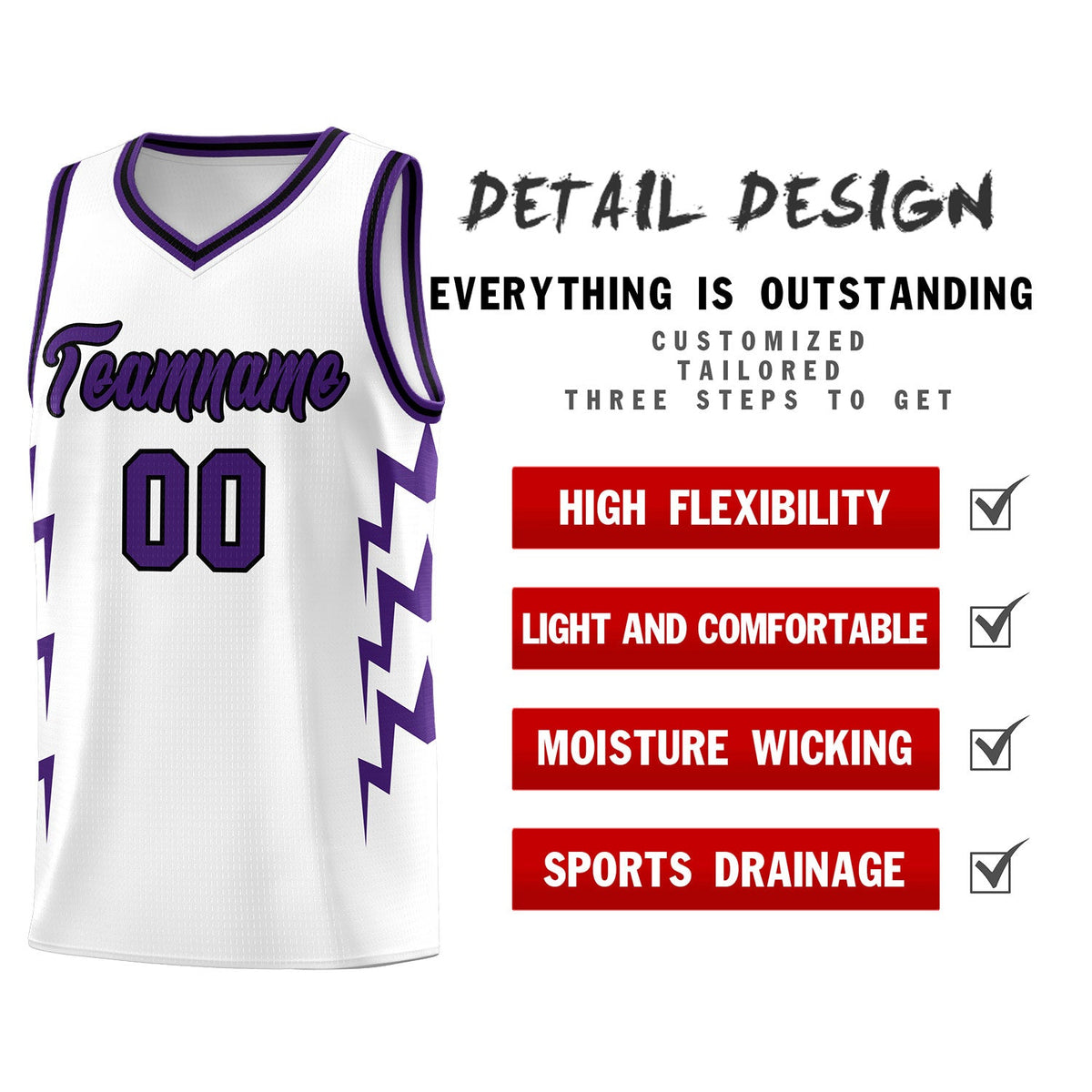 Custom White Side Lightning Pattern Sports Uniform Basketball Jersey