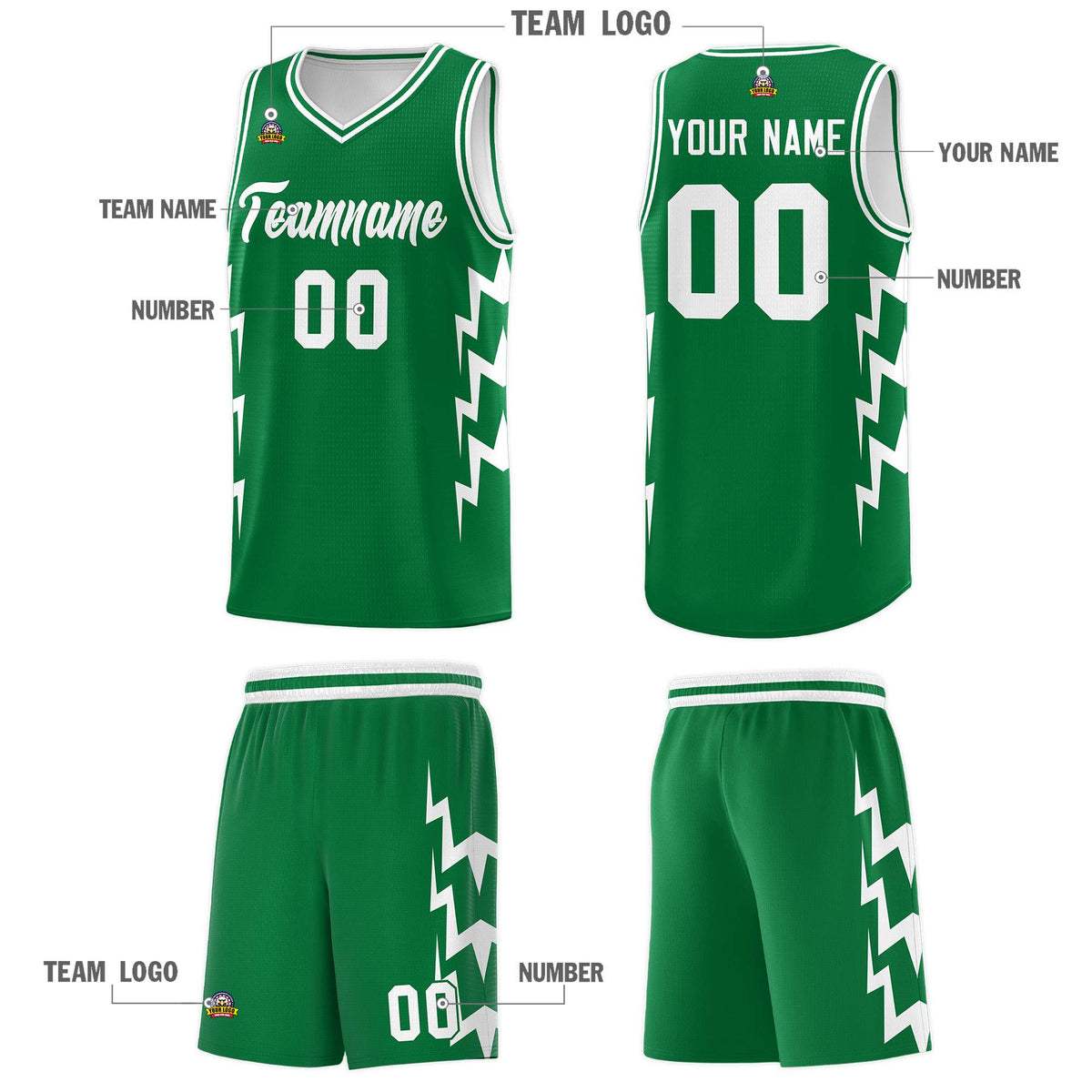 Custom Kelly Green Side Lightning Pattern Sports Uniform Basketball Jersey