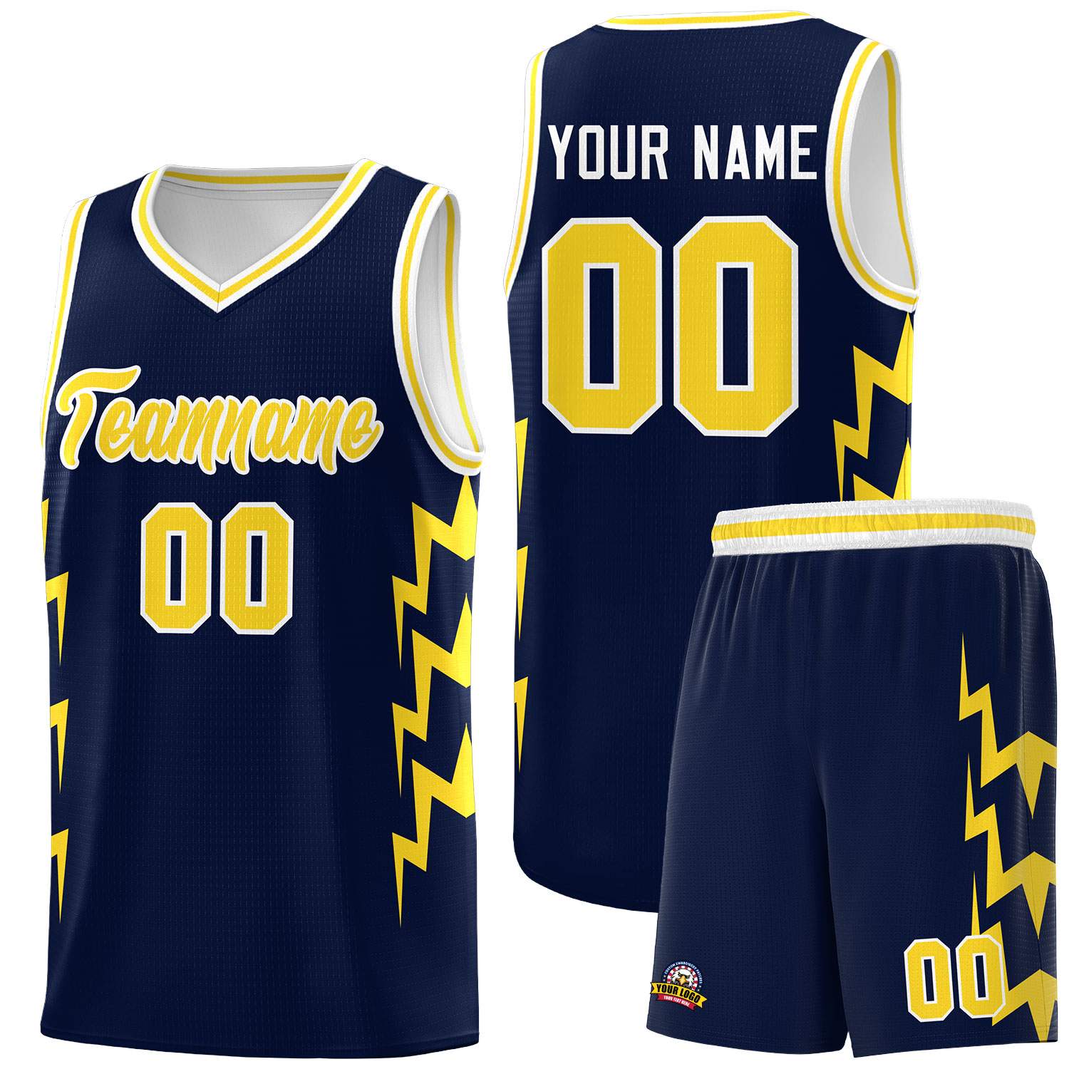 Custom Navy Side Lightning Pattern Sports Uniform Basketball Jersey