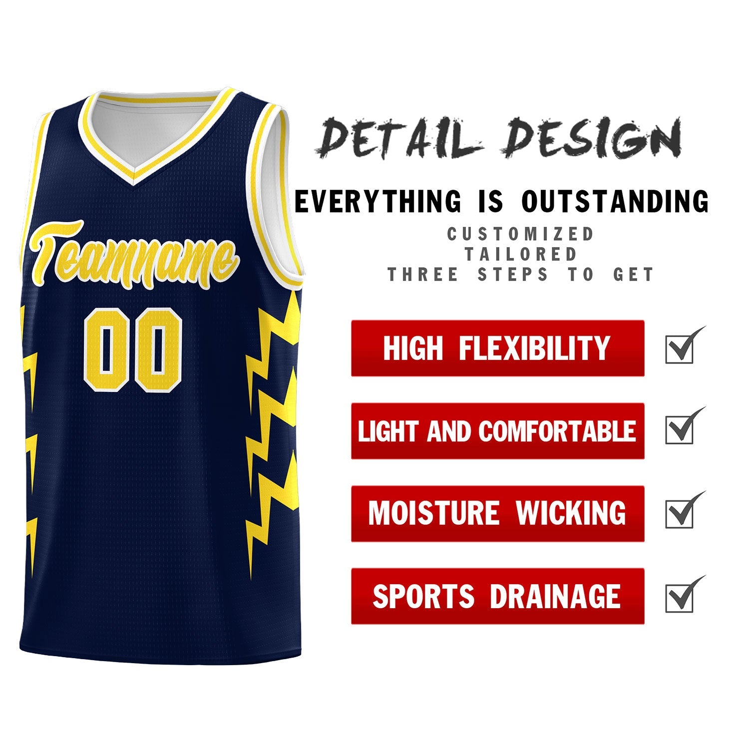 Custom Navy Side Lightning Pattern Sports Uniform Basketball Jersey