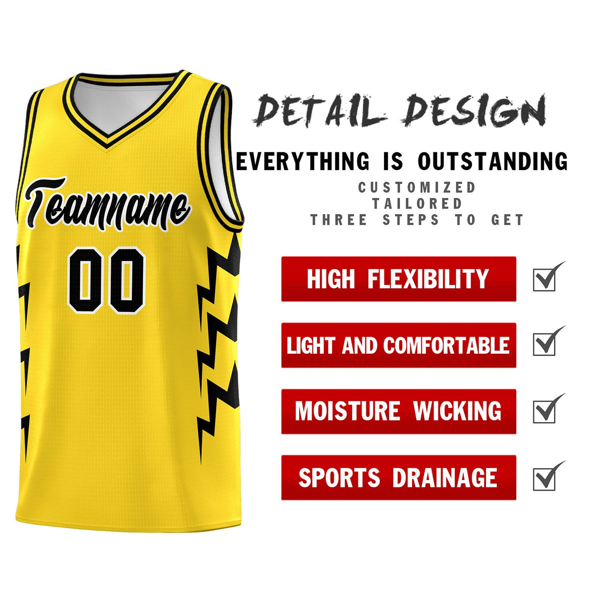Custom Gold Side Lightning Pattern Sports Uniform Basketball Jersey