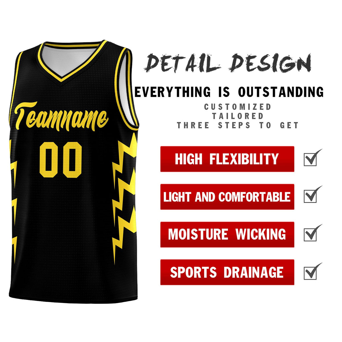 Custom Black Side Lightning Pattern Sports Uniform Basketball Jersey