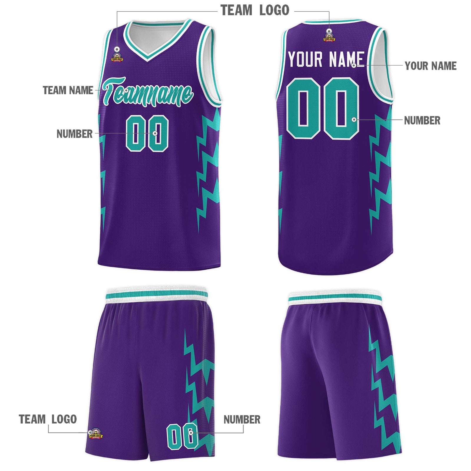 Custom Purple Side Lightning Pattern Sports Uniform Basketball Jersey