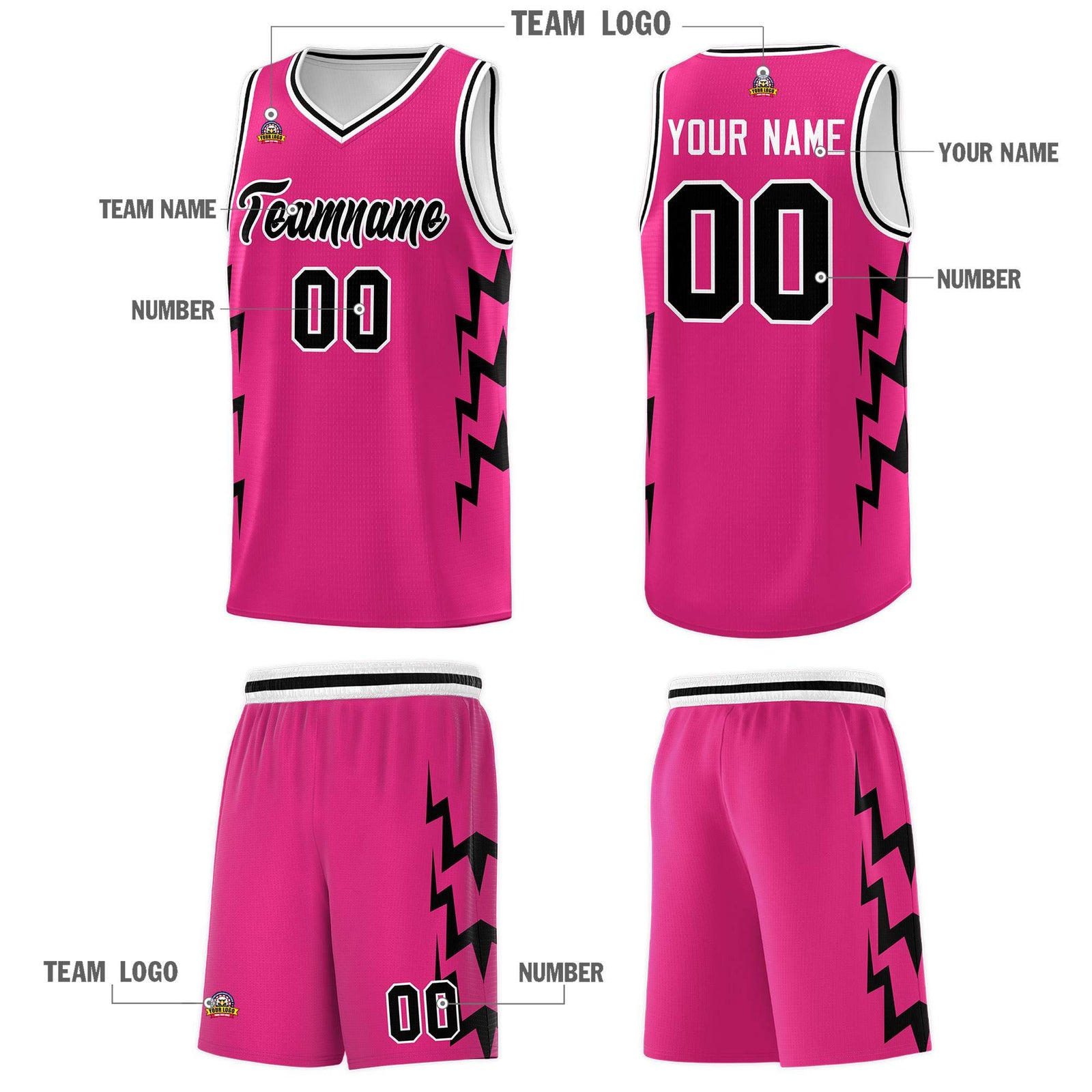 Custom Pink Side Lightning Pattern Sports Uniform Basketball Jersey