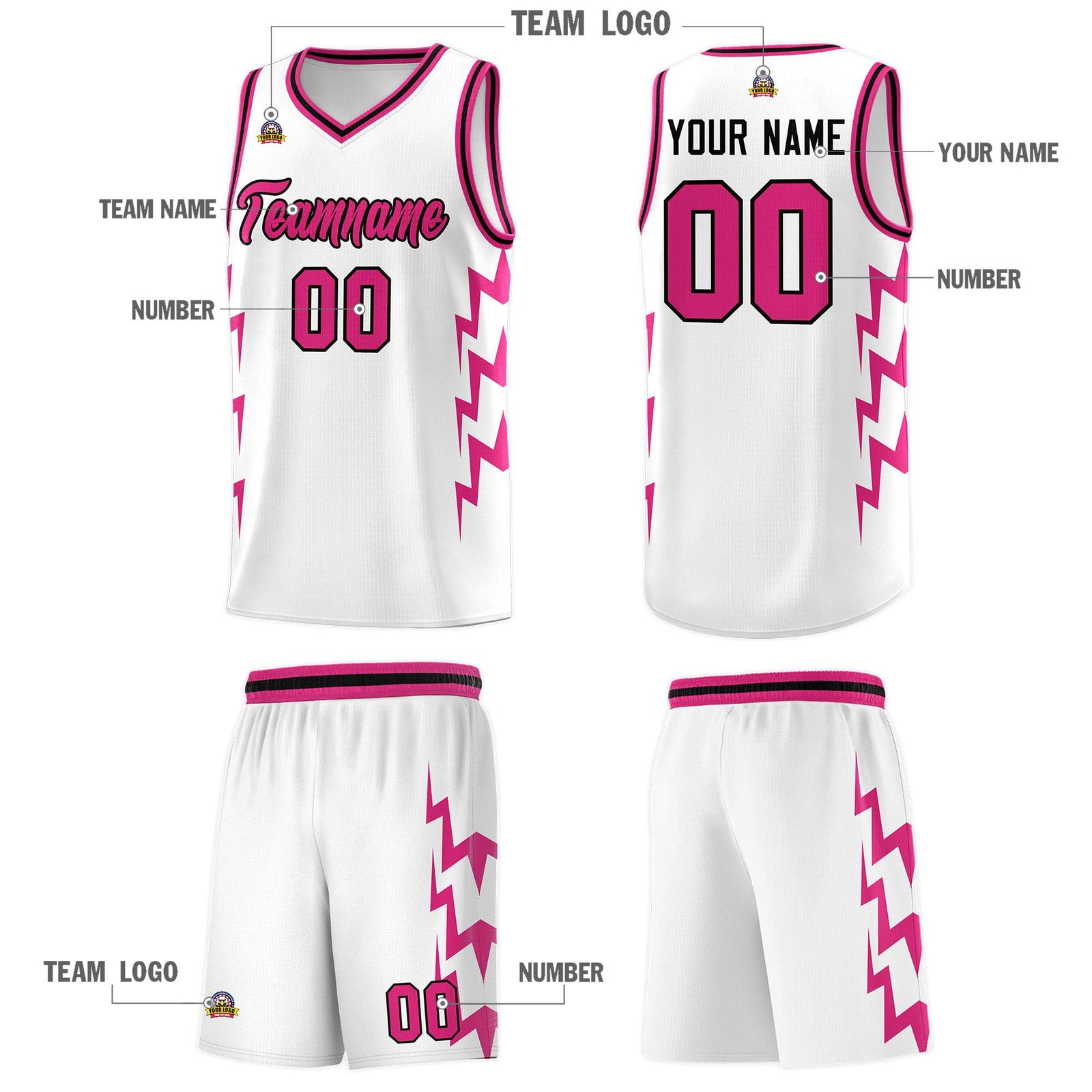 Custom White Side Lightning Pattern Sports Uniform Basketball Jersey