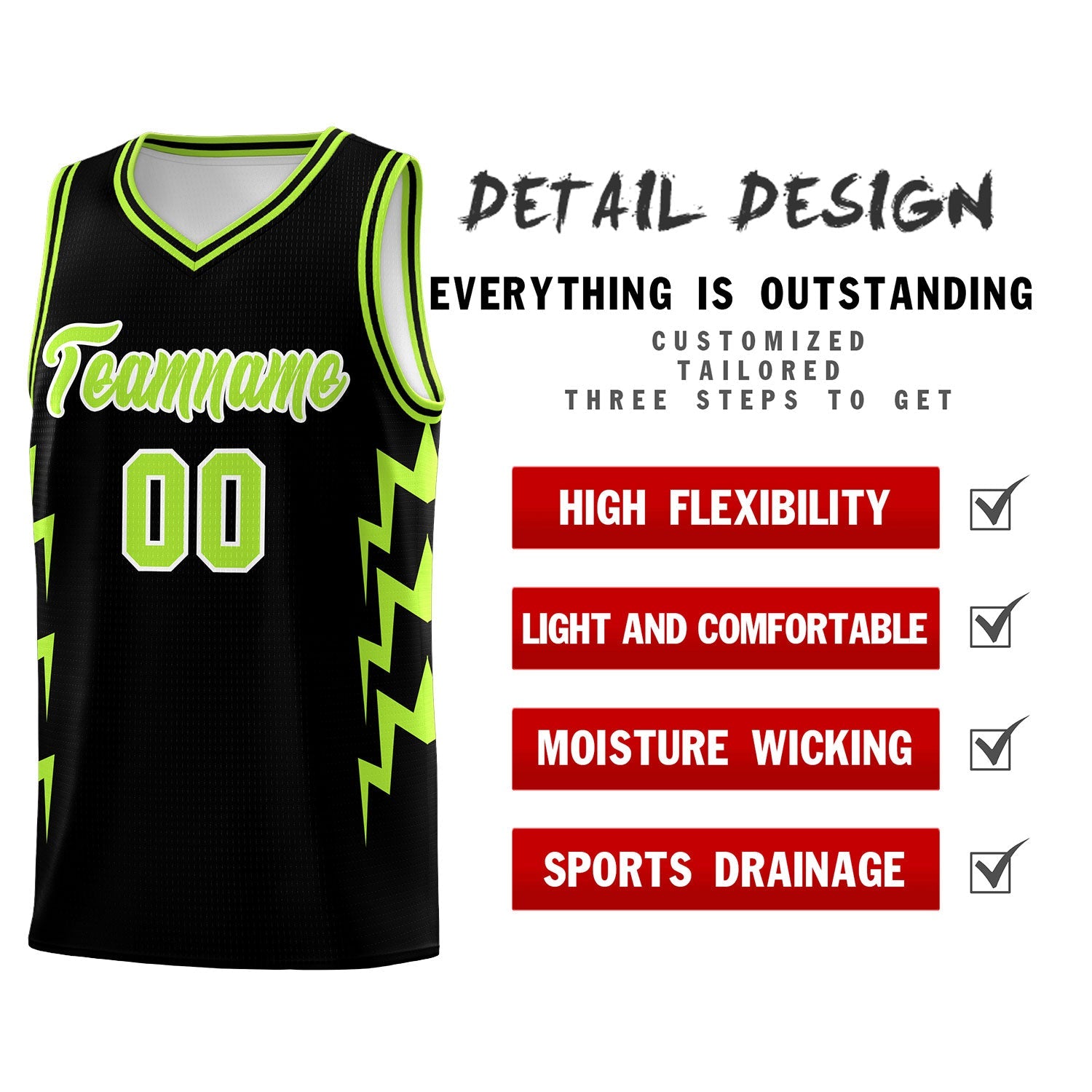 Custom Black Side Lightning Pattern Sports Uniform Basketball Jersey