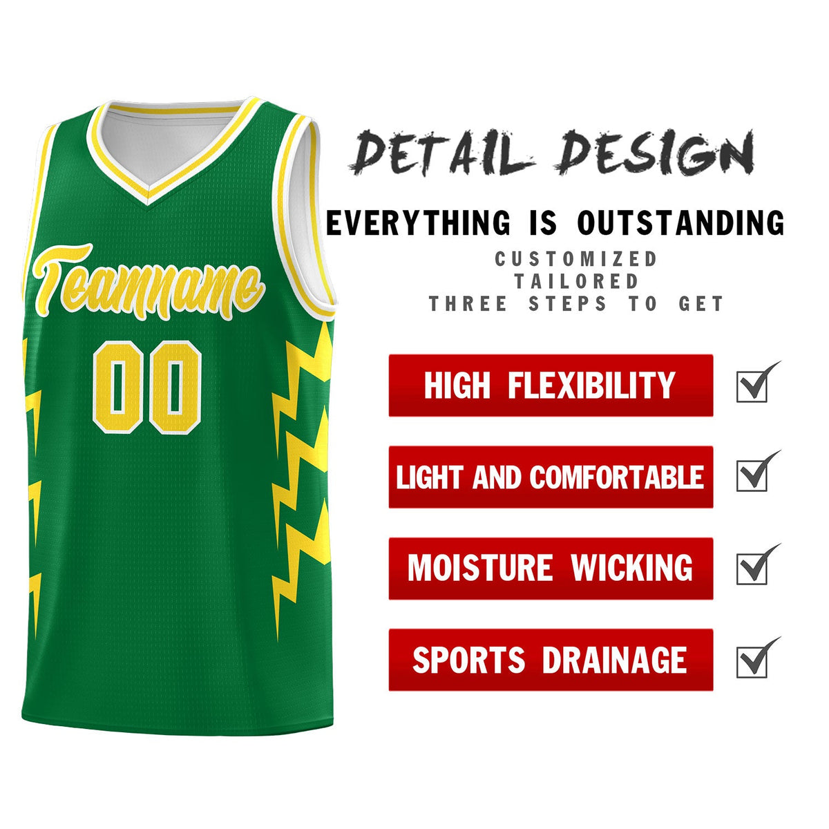 Custom Kelly Green Side Lightning Pattern Sports Uniform Basketball Jersey