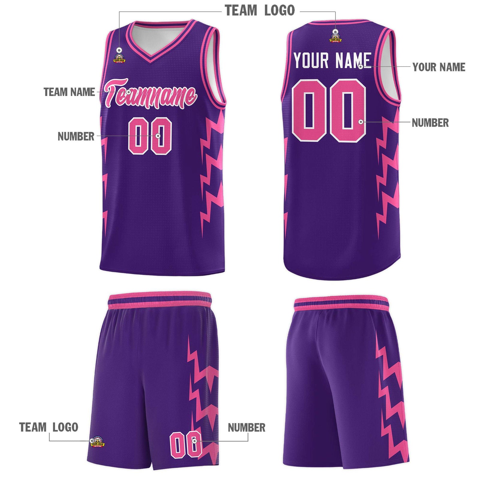 Custom Purple Side Lightning Pattern Sports Uniform Basketball Jersey