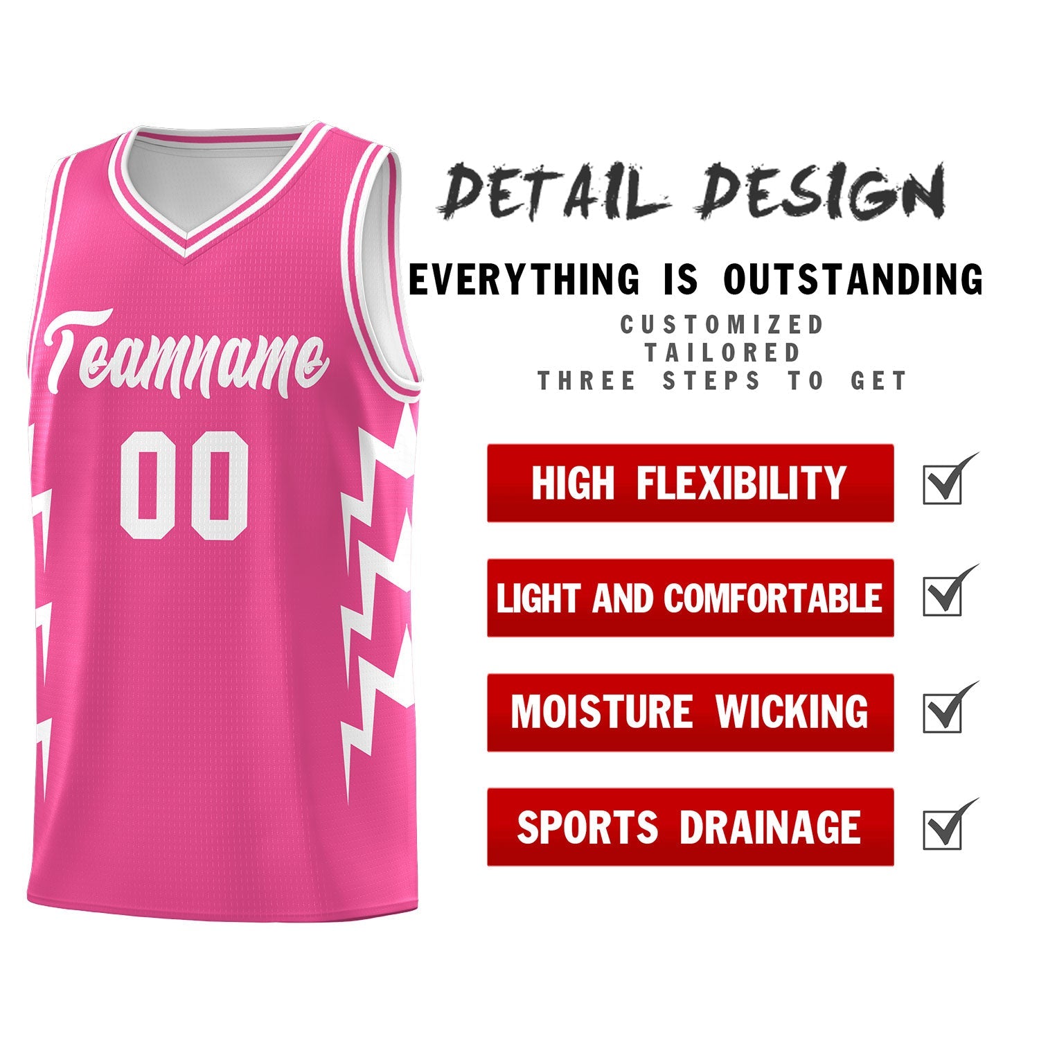 Custom Pink Side Lightning Pattern Sports Uniform Basketball Jersey