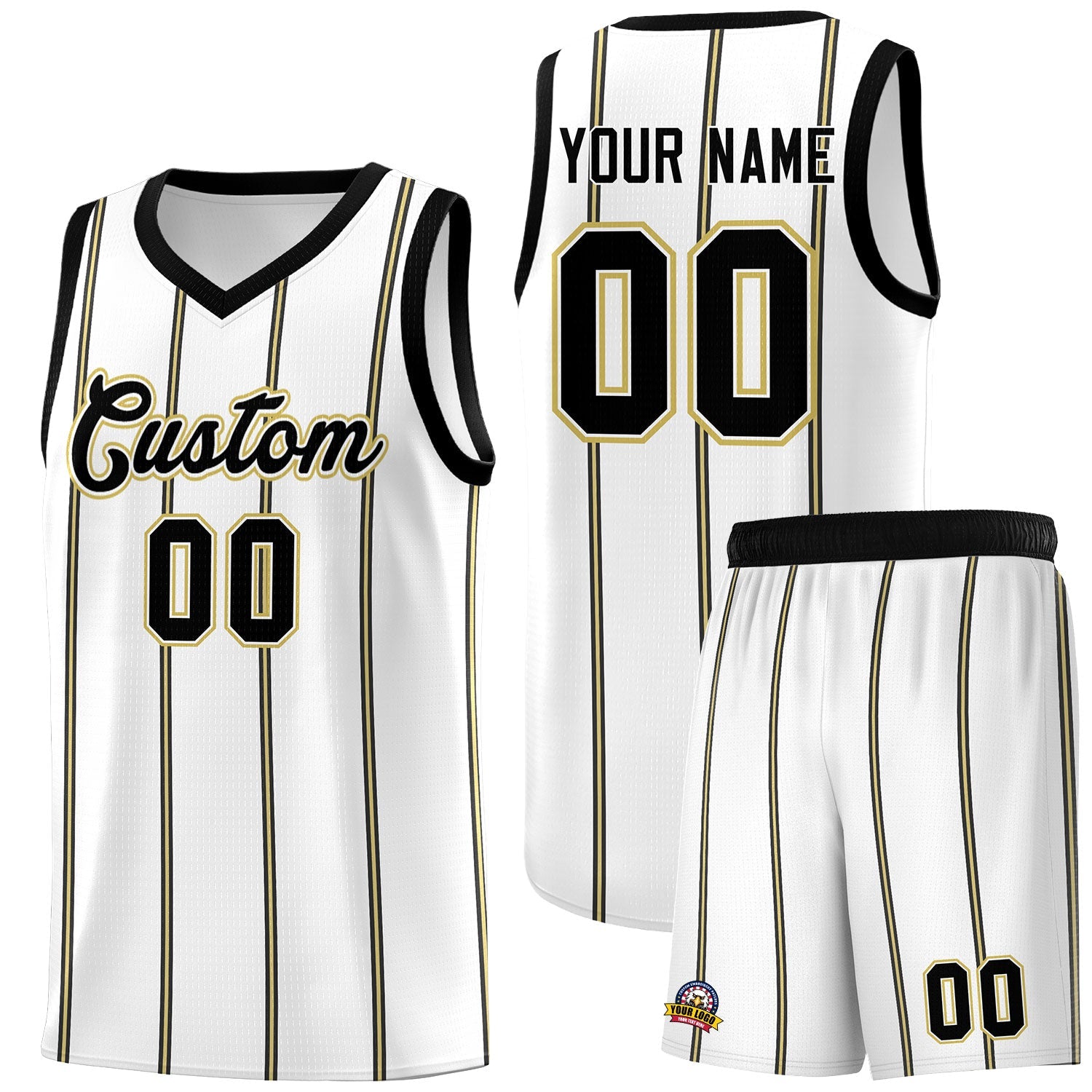 Custom White Black Old Gold Vertical Stripes Single Sided Sets Basketball Jersey | For Men,Stitched,Perfect for Training,Add Name and Numbern | KXKSHOP
