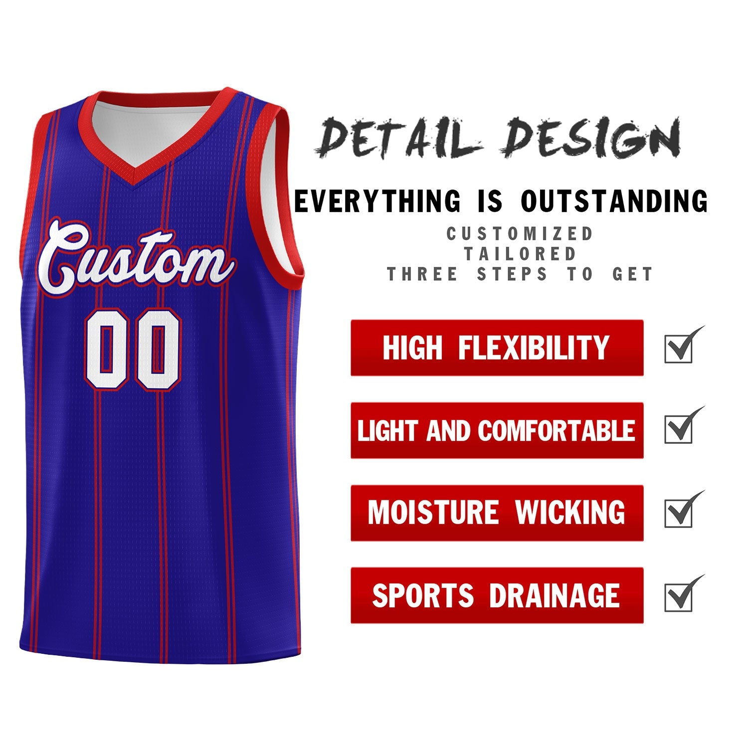 Custom Royal Blue Red White Vertical Stripes Single Sided Sets Basketball Jersey | For Men,Stitched,Perfect for Training,Add Name and Numbern | KXKSHOP