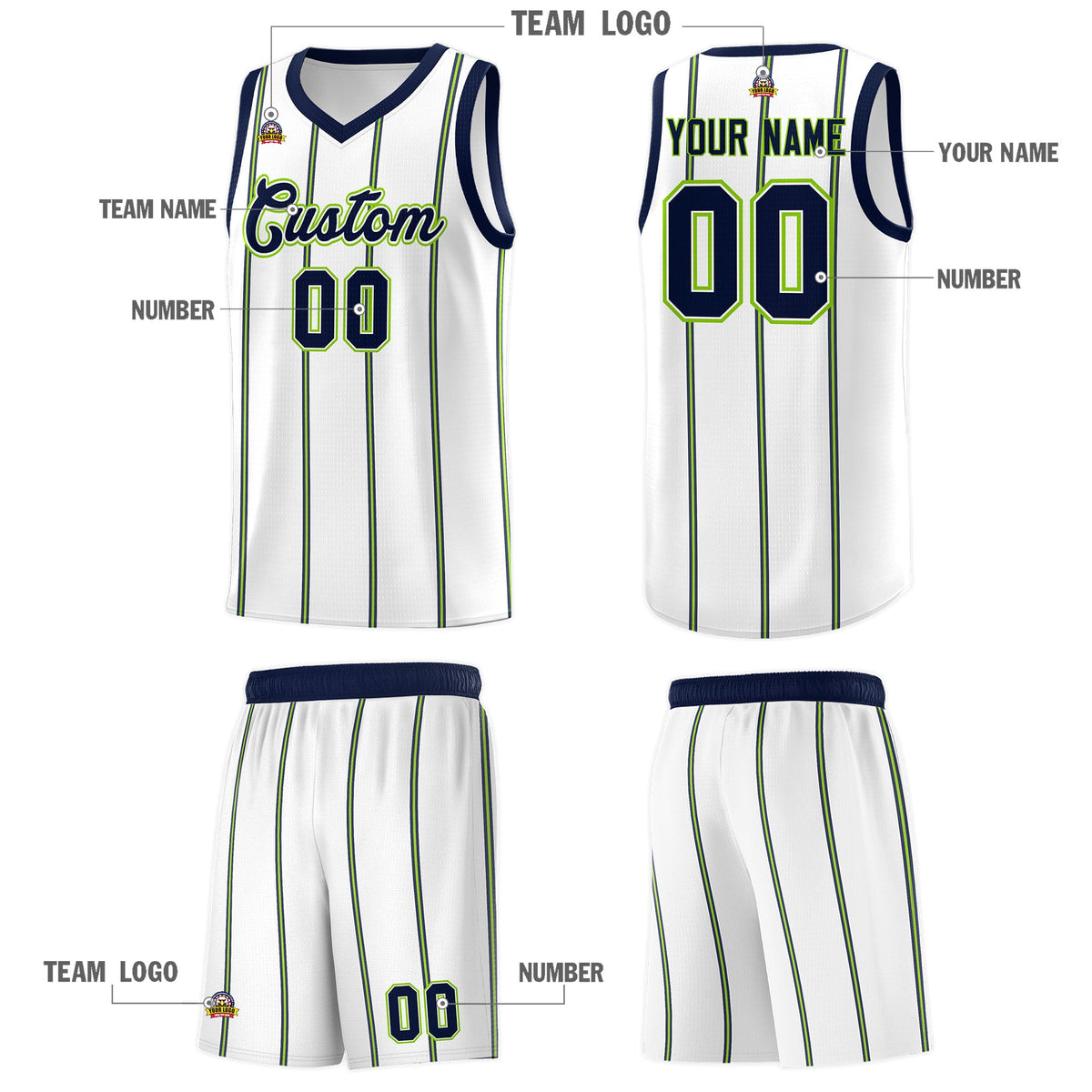 Custom White Navy Neon Green Vertical Stripes Single Sided Sets Basketball Jersey | For Men,Stitched,Perfect for Training,Add Name and Numbern | KXKSHOP