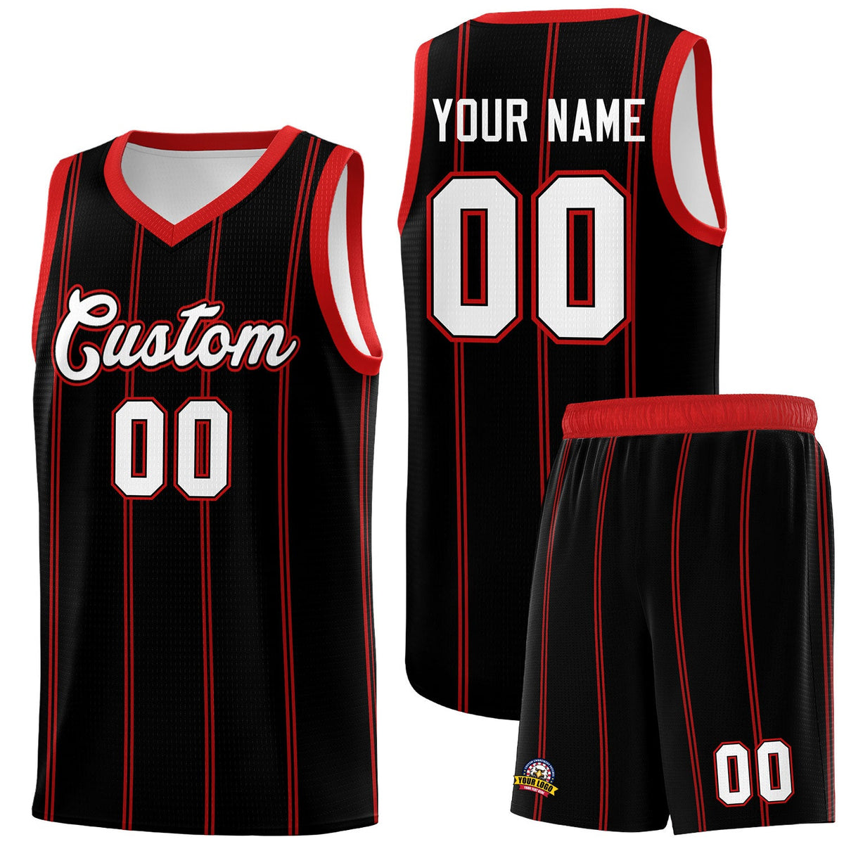 Custom Black Red White Vertical Stripes Single Sided Sets Basketball Jersey | For Men,Stitched,Perfect for Training,Add Name and Numbern | KXKSHOP