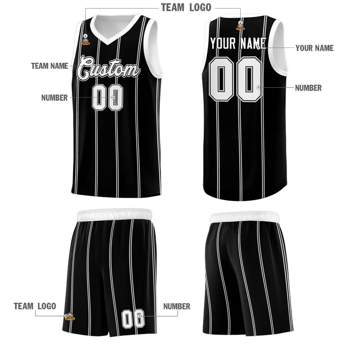 Custom Black White Gray Vertical Stripes Single Sided Sets Basketball Jersey | For Men,Stitched,Perfect for Training,Add Name and Numbern | KXKSHOP