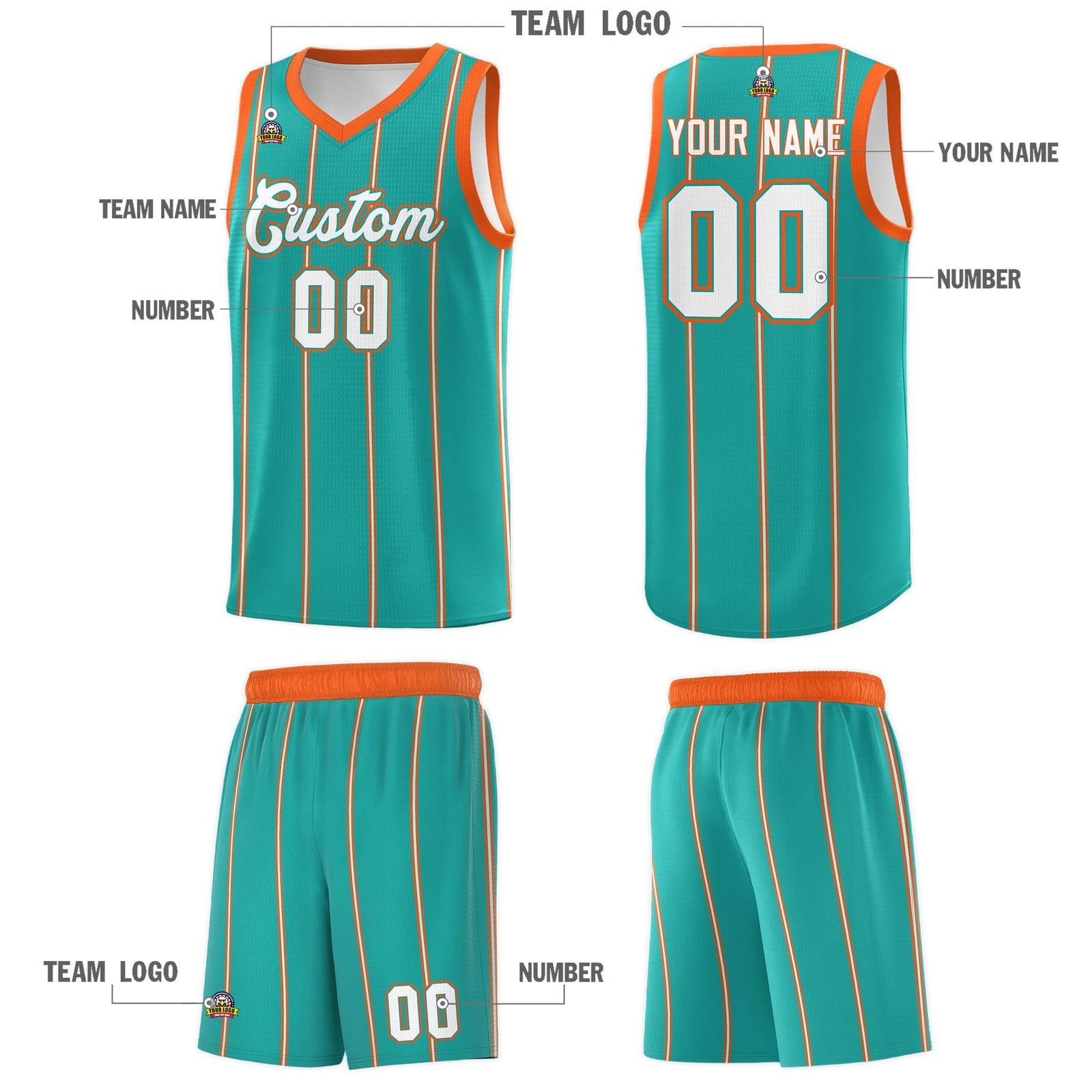 Custom Aqua Orange White Vertical Stripes Single Sided Sets Basketball Jersey | For Men,Stitched,Perfect for Training,Add Name and Numbern | KXKSHOP