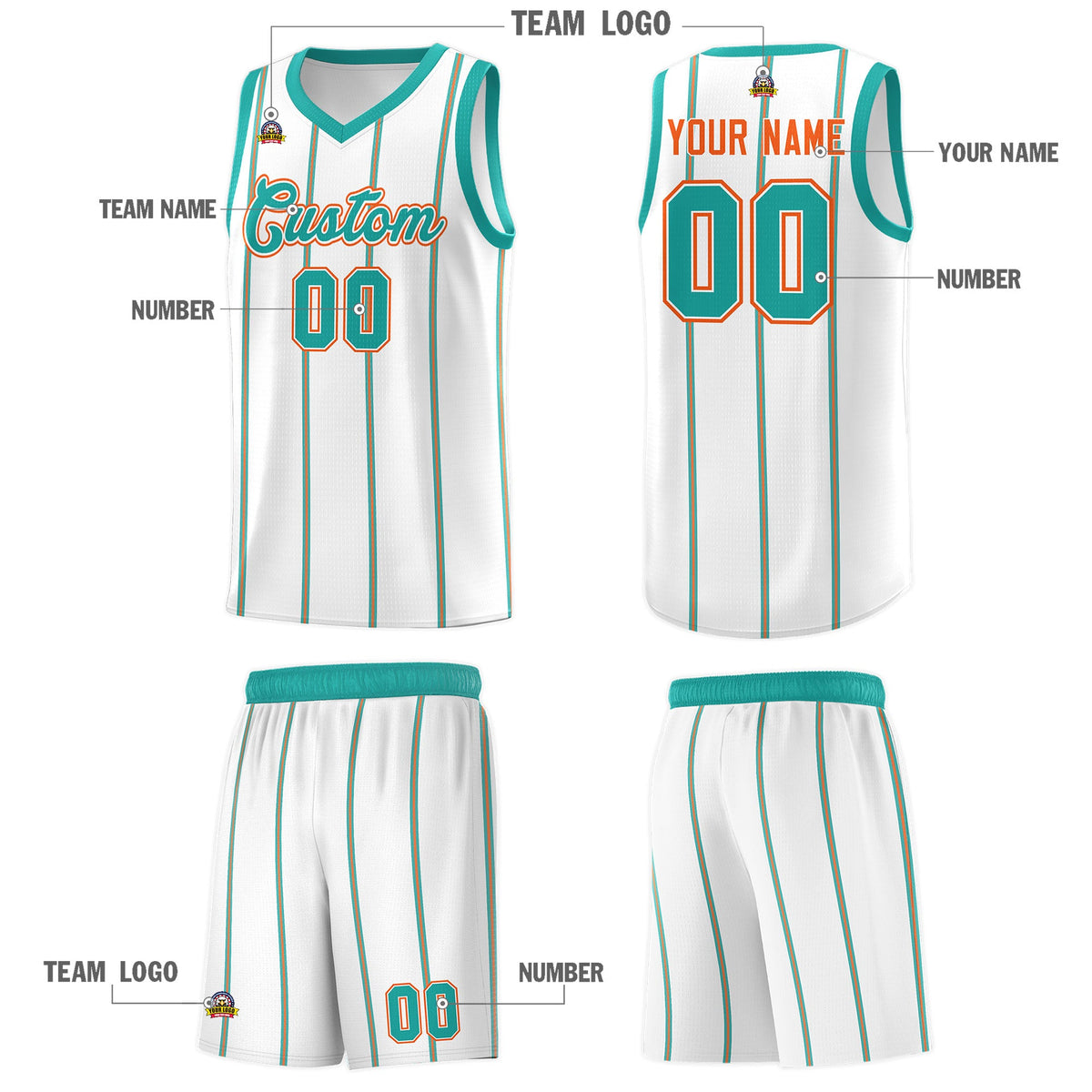 Custom White Aqua Orange Vertical Stripes Single Sided Sets Basketball Jersey | For Men,Stitched,Perfect for Training,Add Name and Numbern | KXKSHOP