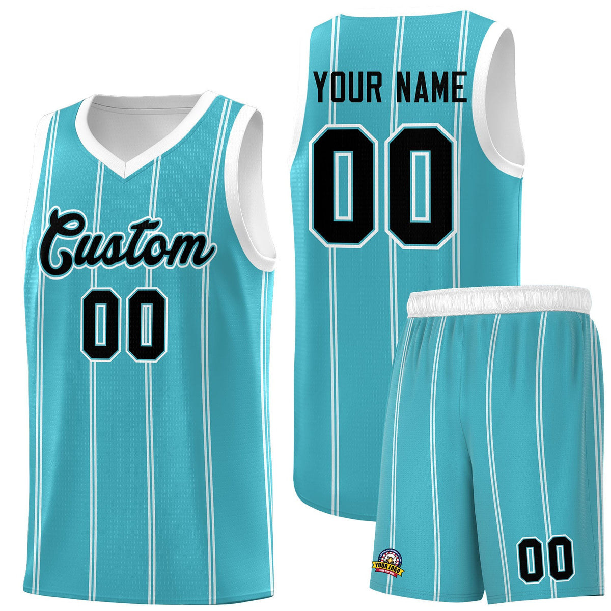 Custom Sky Blue White Black Vertical Stripes Single Sided Sets Basketball Jersey | For Men,Stitched,Perfect for Training,Add Name and Numbern | KXKSHOP
