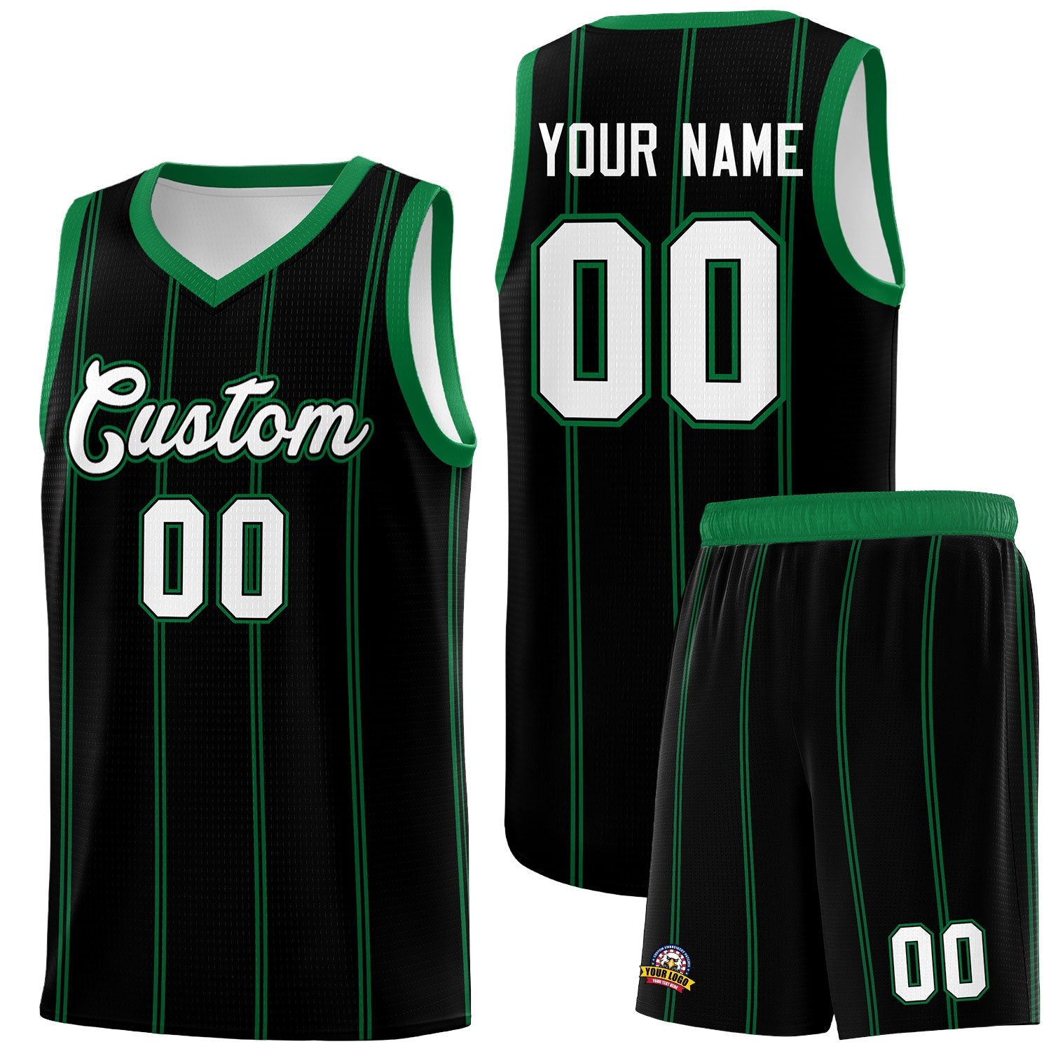 Custom Black Kelly Green White Vertical Stripes Single Sided Sets Basketball Jersey | For Men,Stitched,Perfect for Training,Add Name and Numbern | KXKSHOP