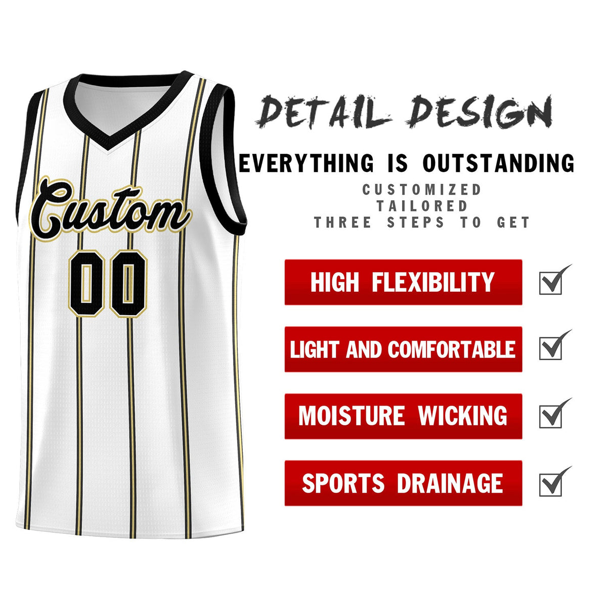 Custom White Black Old Gold Vertical Stripes Single Sided Sets Basketball Jersey | For Men,Stitched,Perfect for Training,Add Name and Numbern | KXKSHOP