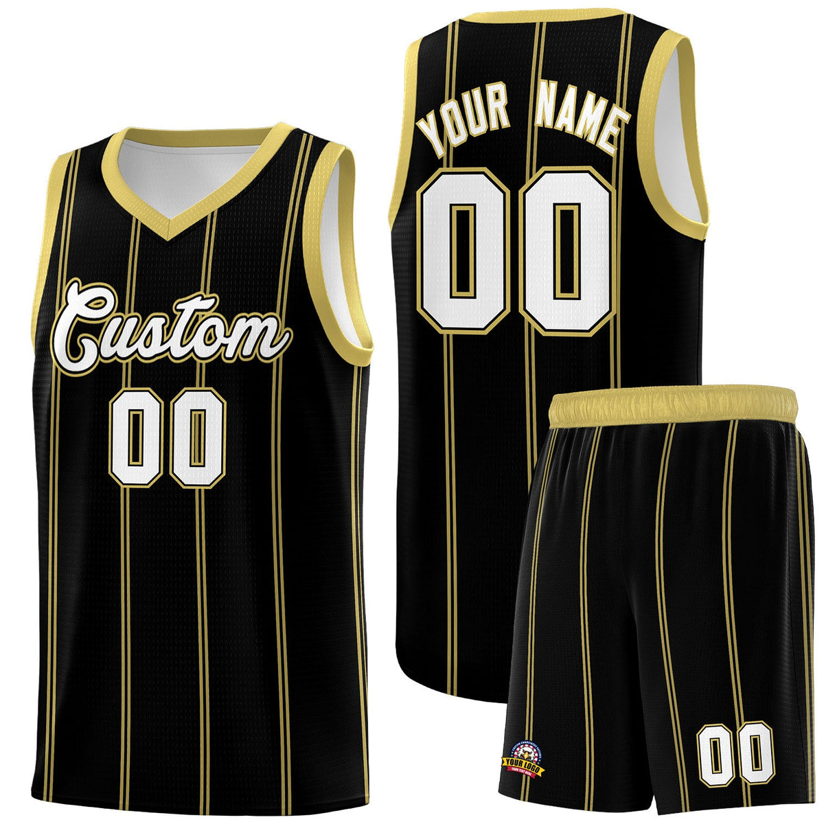 Custom Black Old Gold White Vertical Stripes Single Sided Sets Basketball Jersey | For Men,Stitched,Perfect for Training,Add Name and Numbern | KXKSHOP