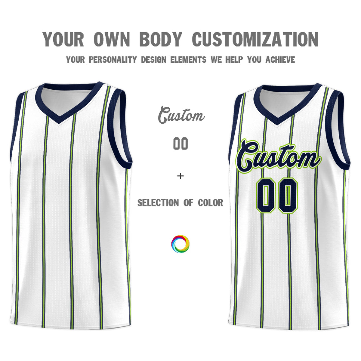 Custom White Navy Neon Green Vertical Stripes Single Sided Sets Basketball Jersey | For Men,Stitched,Perfect for Training,Add Name and Numbern | KXKSHOP