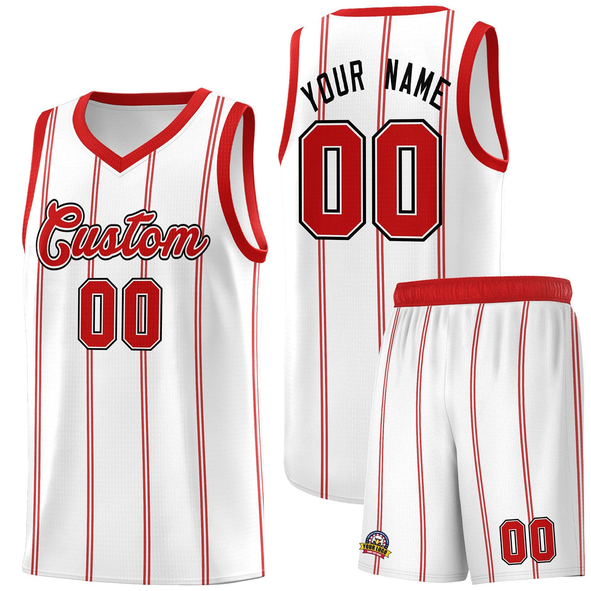 Custom White Red Black Vertical Stripes Single Sided Sets Basketball Jersey | For Men,Stitched,Perfect for Training,Add Name and Numbern | KXKSHOP