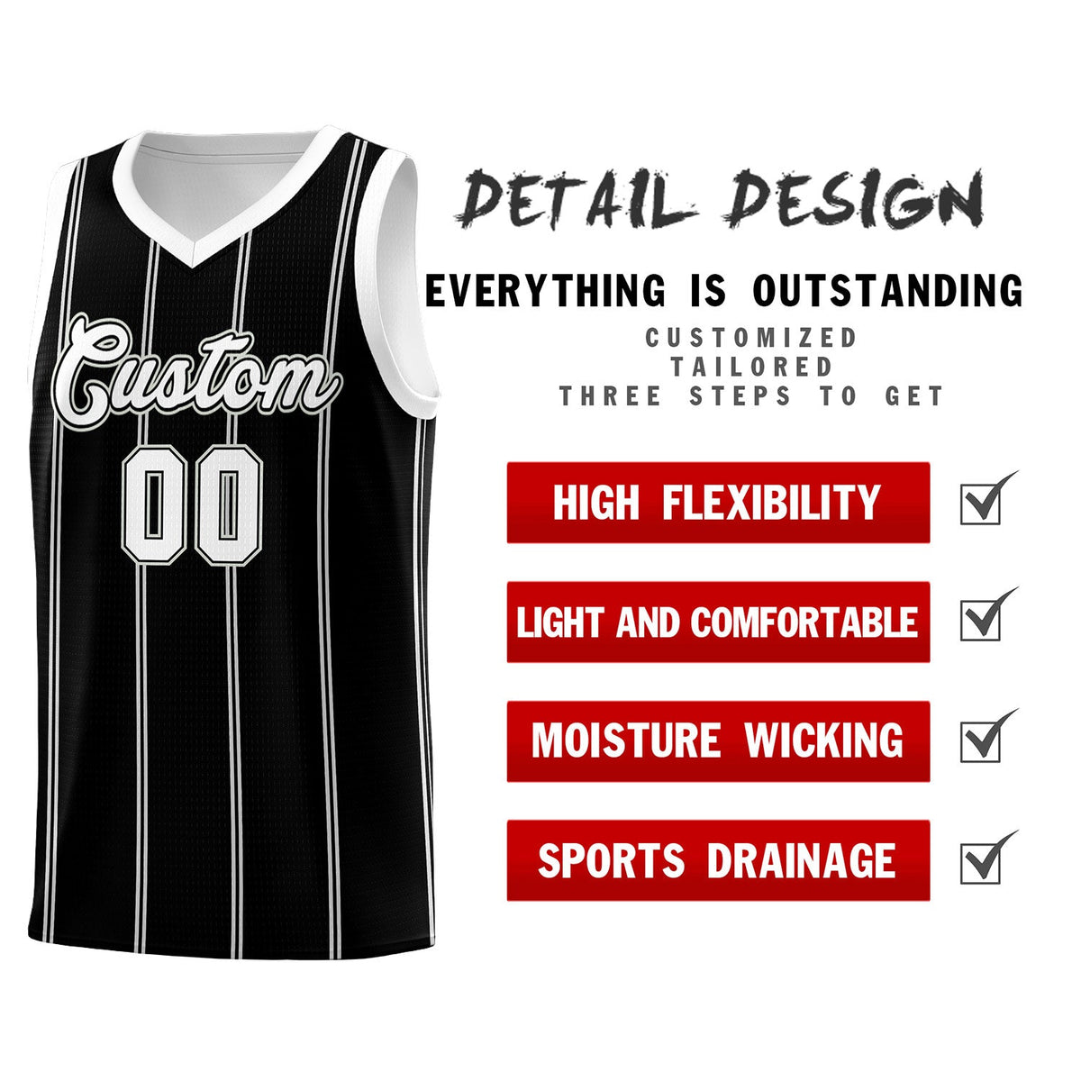 Custom Black White Gray Vertical Stripes Single Sided Sets Basketball Jersey | For Men,Stitched,Perfect for Training,Add Name and Numbern | KXKSHOP
