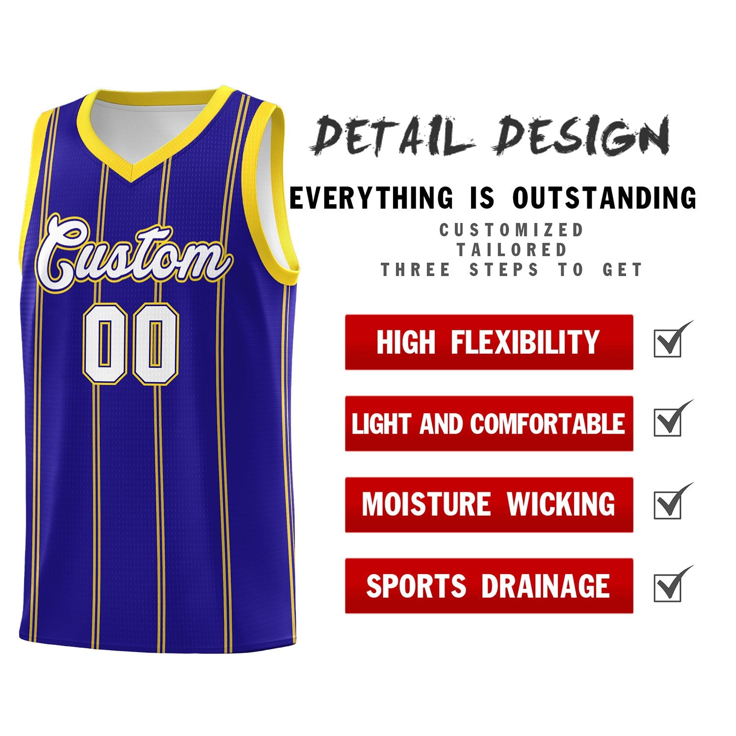 Custom Royal Blue Gold White Vertical Stripes Single Sided Sets Basketball Jersey | For Men,Stitched,Perfect for Training,Add Name and Numbern | KXKSHOP