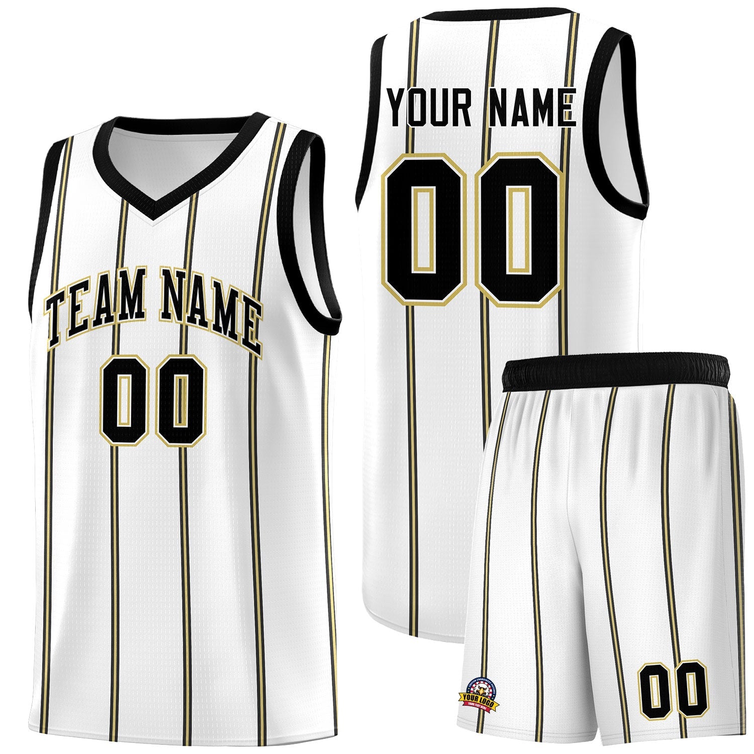 Custom White Black Old Gold Vertical Stripes Single Sided Sets Basketball Jersey | For Men,Stitched,Perfect for Training,Add Name and Numbern | KXKSHOP