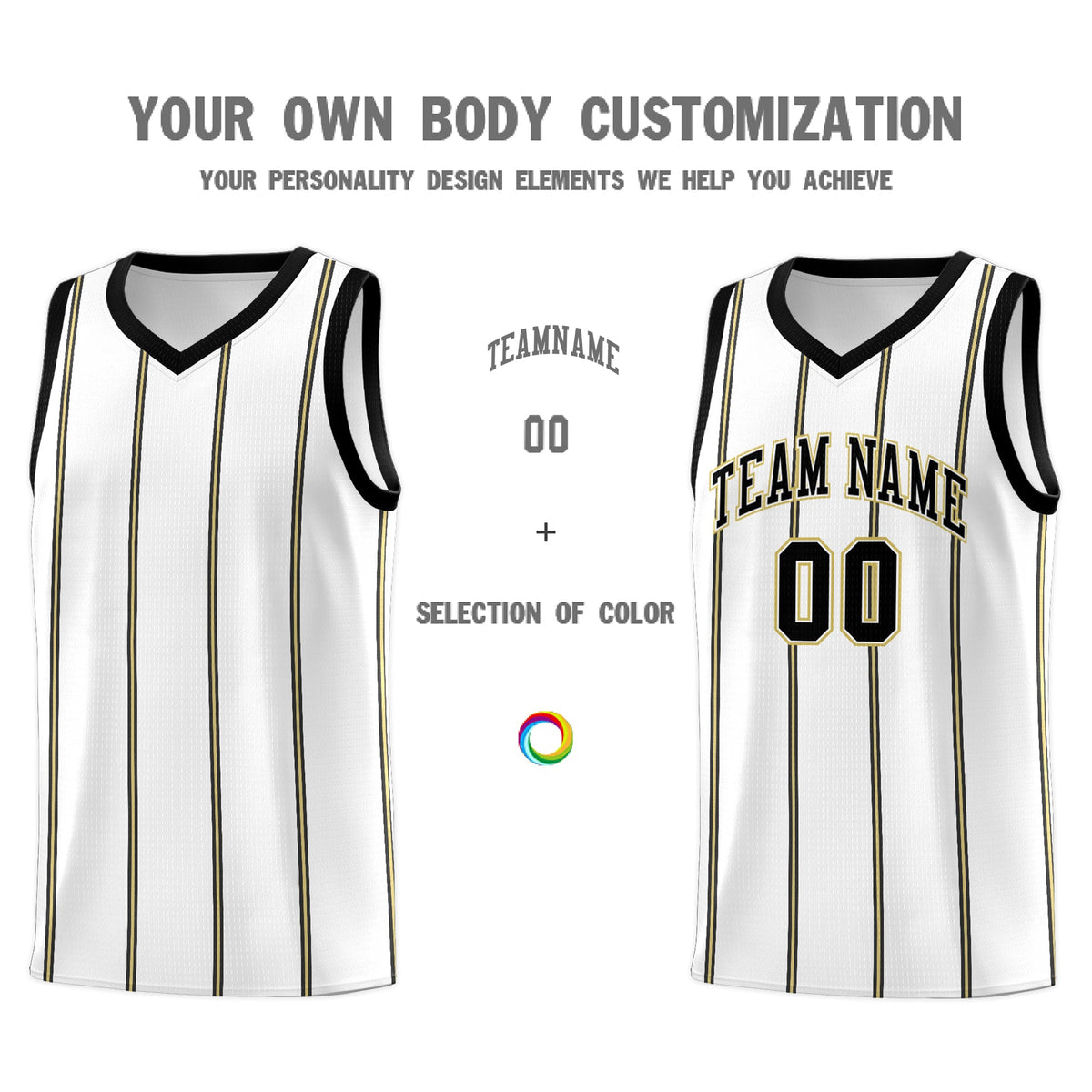 Custom White Black Old Gold Vertical Stripes Single Sided Sets Basketball Jersey | For Men,Stitched,Perfect for Training,Add Name and Numbern | KXKSHOP