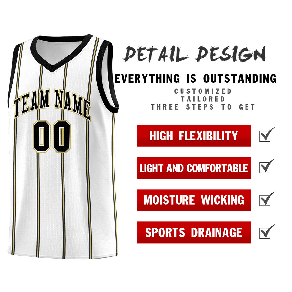 Custom White Black Old Gold Vertical Stripes Single Sided Sets Basketball Jersey | For Men,Stitched,Perfect for Training,Add Name and Numbern | KXKSHOP