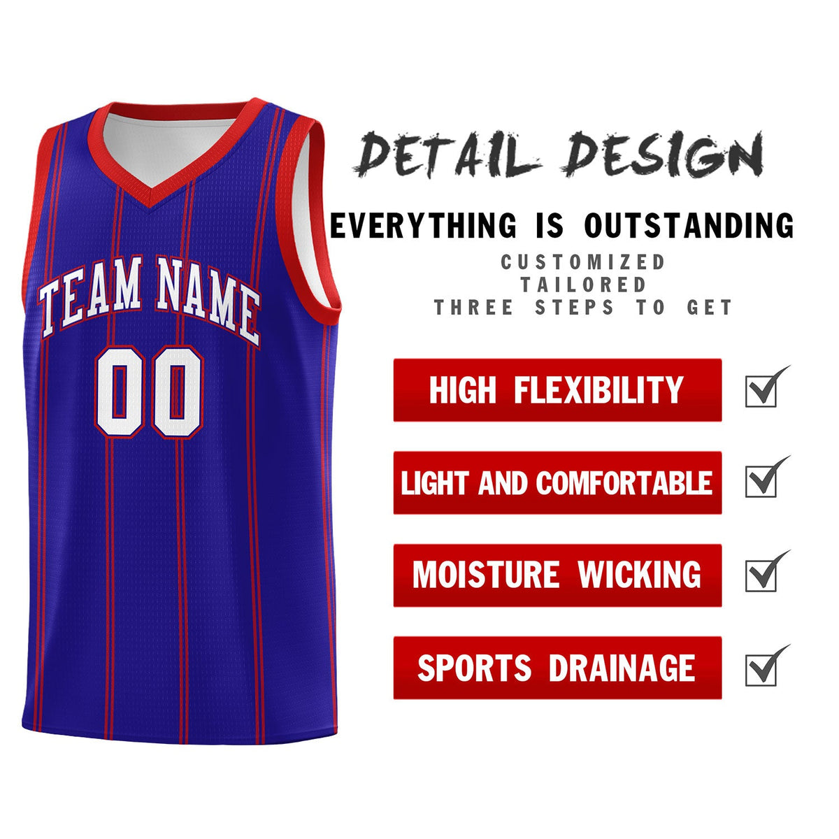 Custom Royal Blue Red White Vertical Stripes Single Sided Sets Basketball Jersey | For Men,Stitched,Perfect for Training,Add Name and Numbern | KXKSHOP