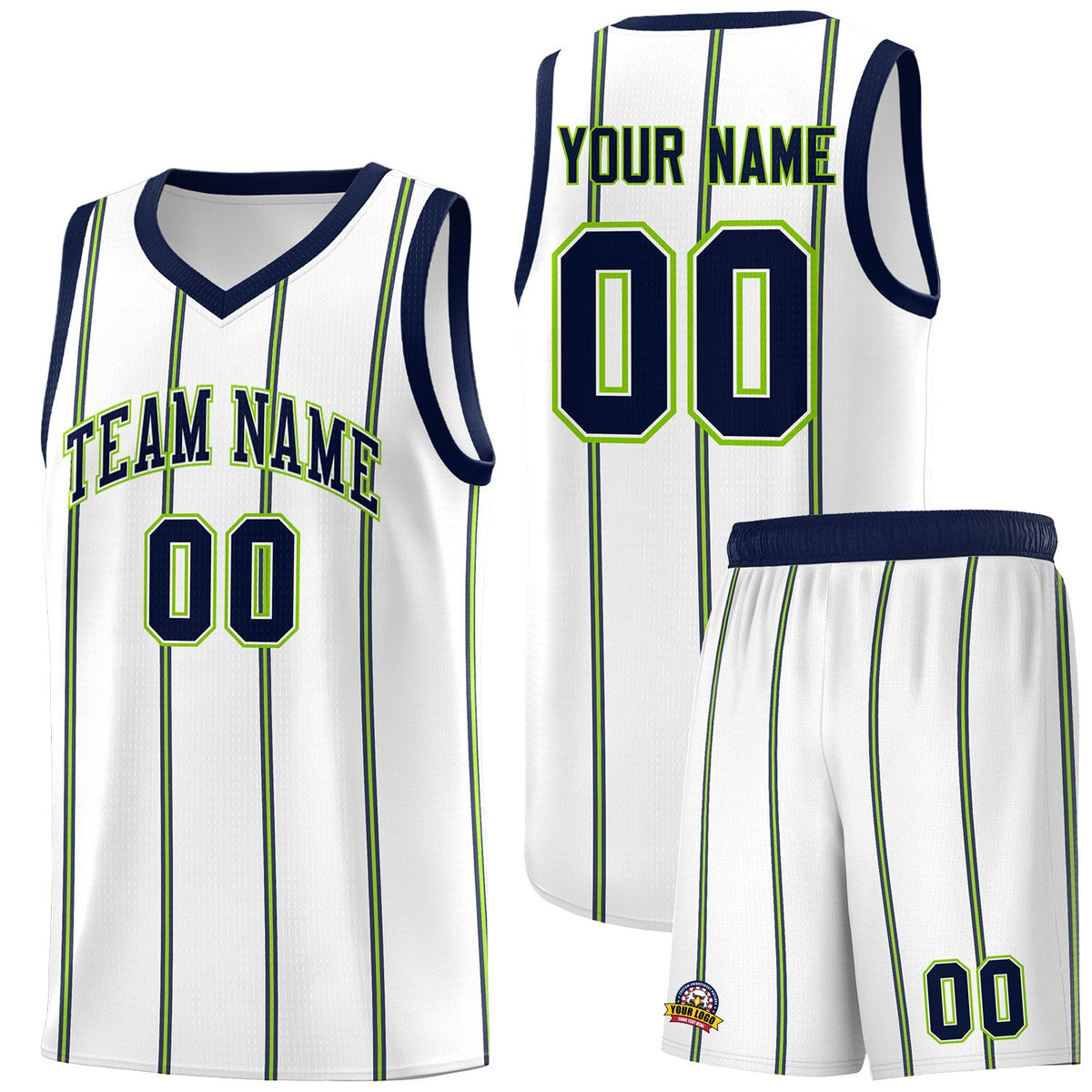 Custom White Navy Neon Green Vertical Stripes Single Sided Sets Basketball Jersey | For Men,Stitched,Perfect for Training,Add Name and Numbern | KXKSHOP