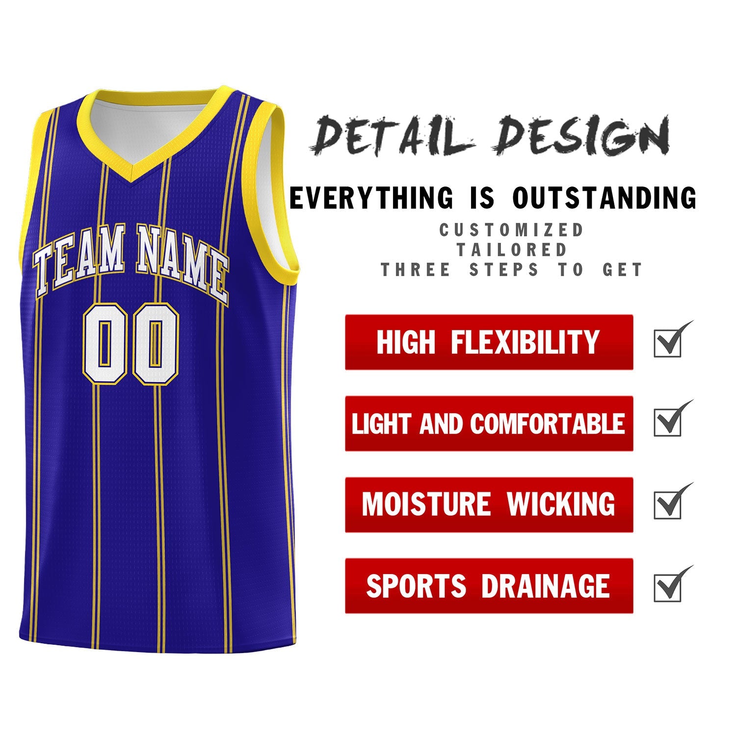 Custom Royal Blue Gold White Vertical Stripes Single Sided Sets Basketball Jersey | For Men,Stitched,Perfect for Training,Add Name and Numbern | KXKSHOP