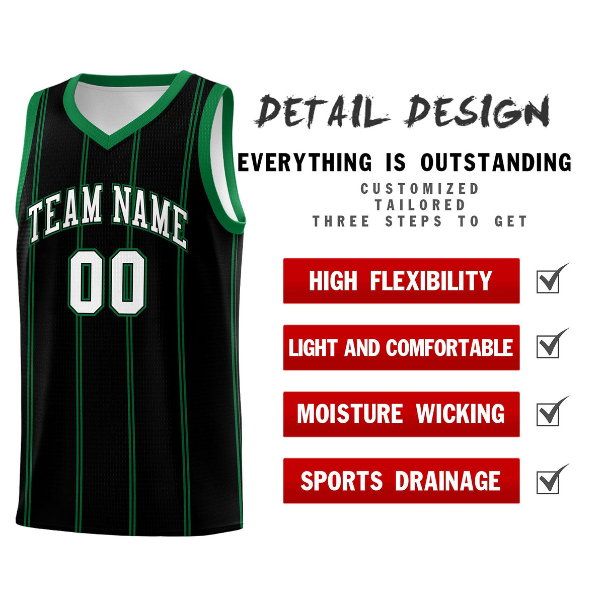 Custom Black Kelly Green White Vertical Stripes Single Sided Sets Basketball Jersey | For Men,Stitched,Perfect for Training,Add Name and Numbern | KXKSHOP