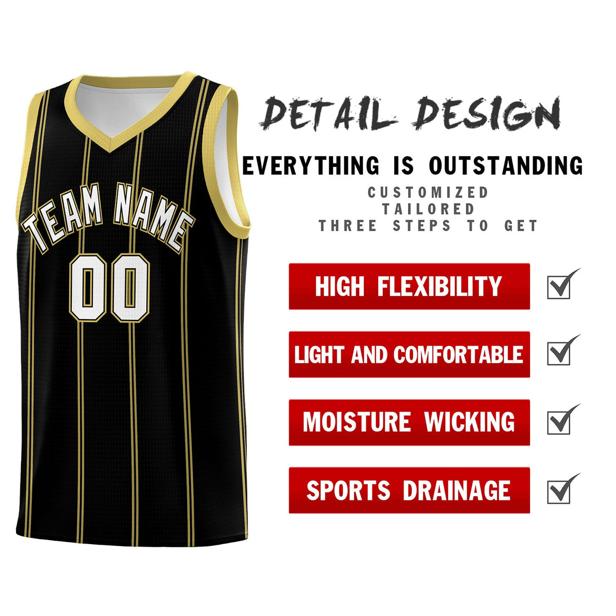 Custom Black Old Gold White Vertical Stripes Single Sided Sets Basketball Jersey | For Men,Stitched,Perfect for Training,Add Name and Numbern | KXKSHOP