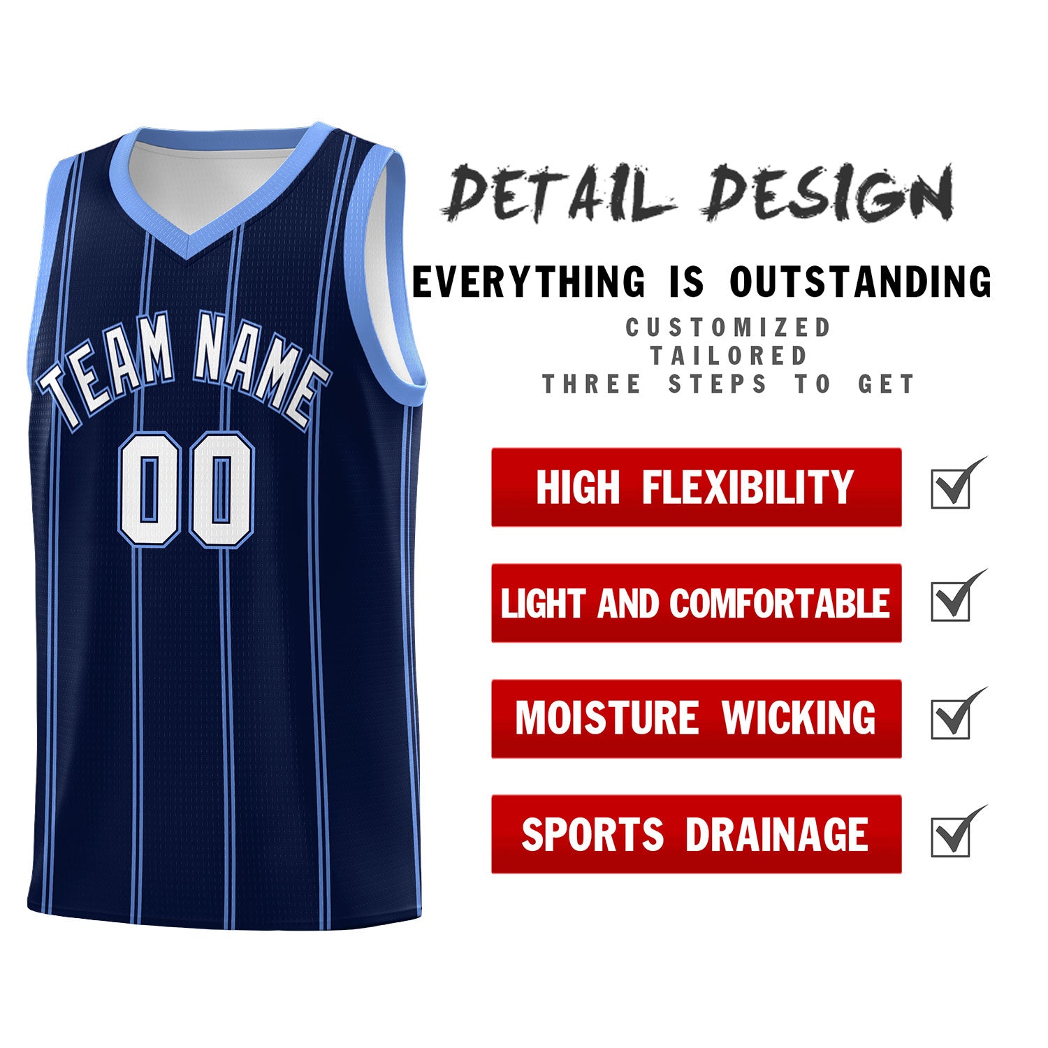 Custom Navy Light Blue White Vertical Stripes Single Sided Sets Basketball Jersey | For Men,Stitched,Perfect for Training,Add Name and Numbern | KXKSHOP